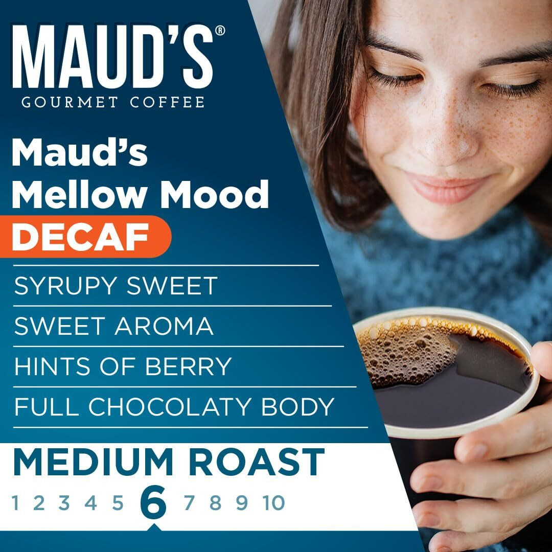 Maud's Decaf Medium Dark Roast Coffee Pods, 100 Ct | Mellow Mood Blend | 100% Arabica Medium Dark Roast Decaffeinated Coffee | Solar Energy Produced Recyclable Pods Compatible With Keurig K Cups Maker