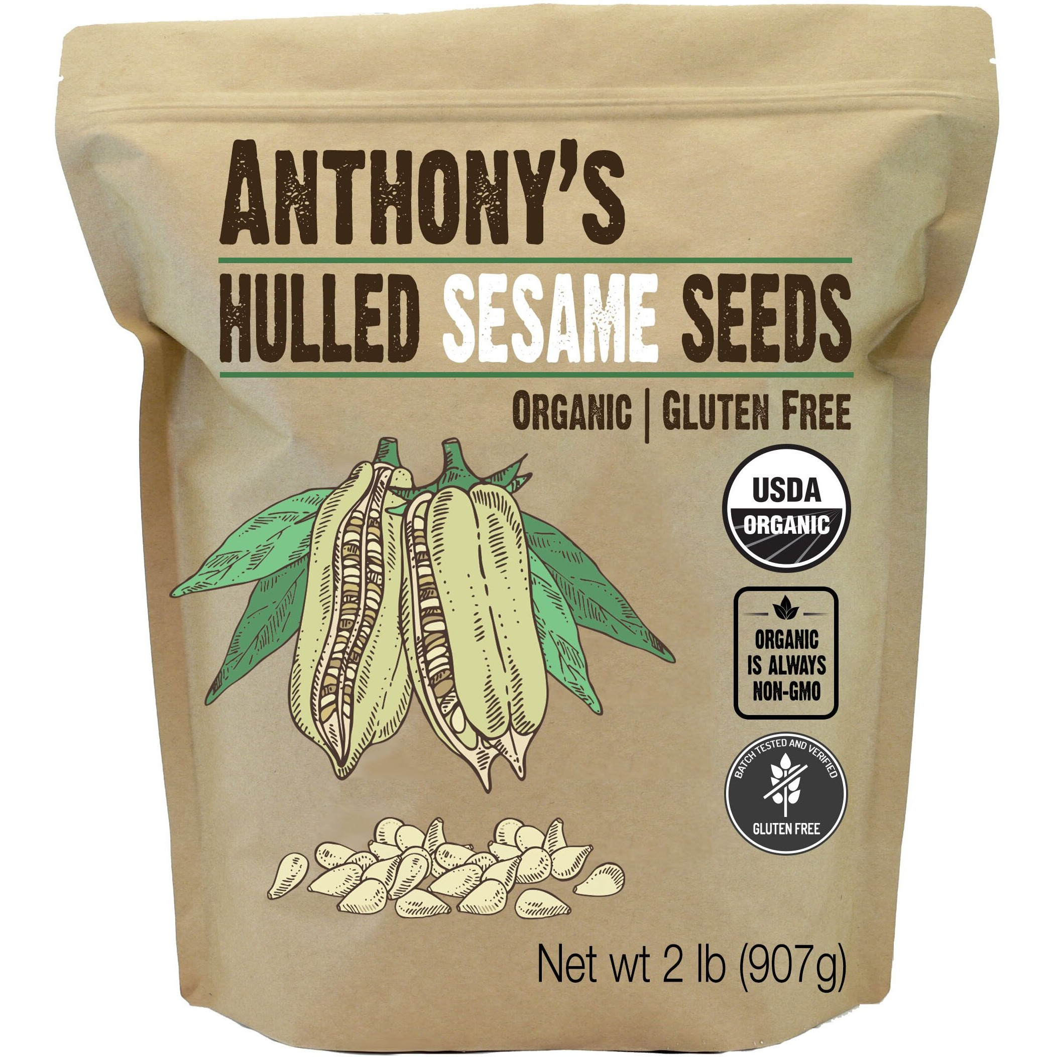 Anthony's Organic Hulled Sesame Seeds, 2 Lb, White, Raw, Gluten Free, Non Gmo, Keto Friendly