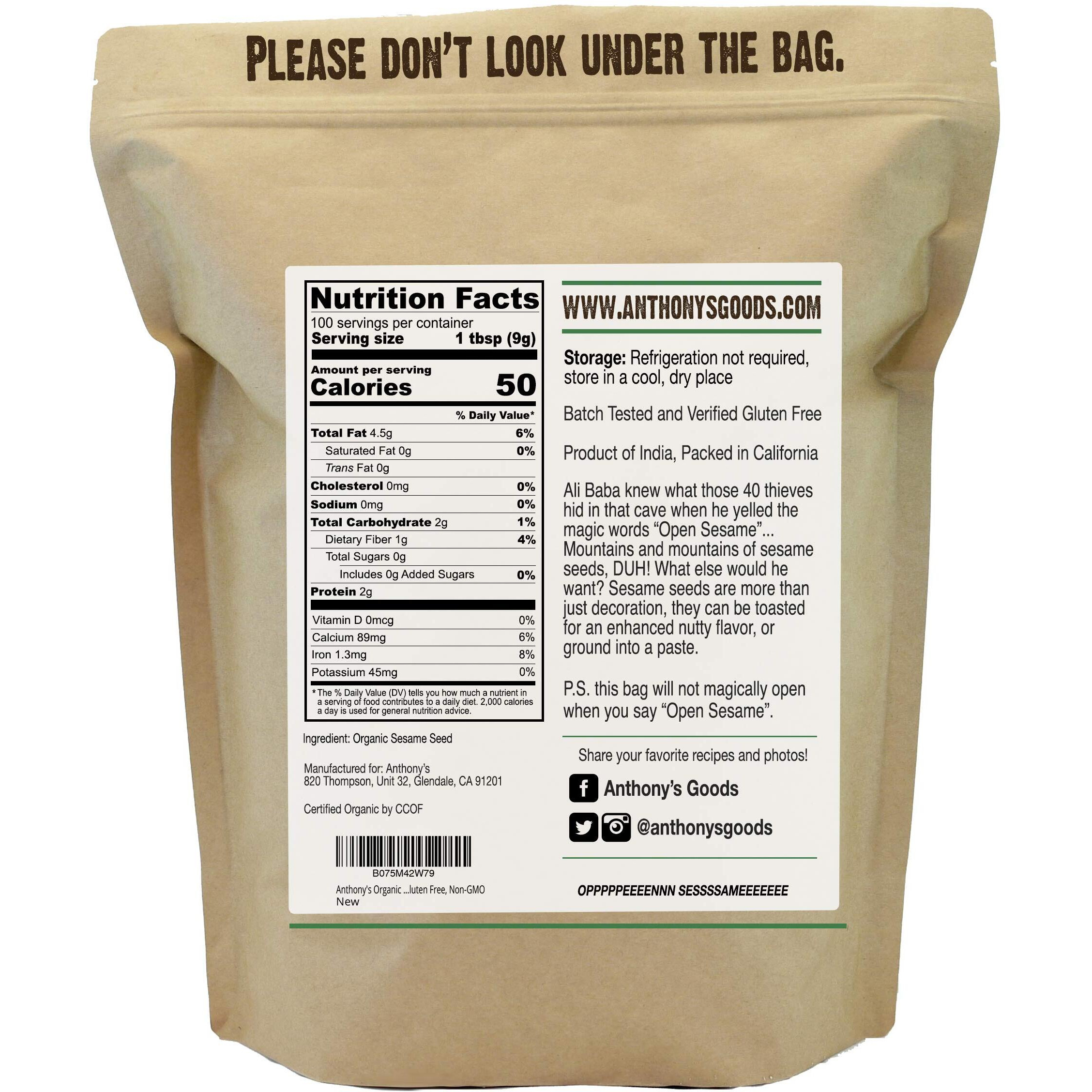 Anthony's Organic Hulled Sesame Seeds, 2 Lb, White, Raw, Gluten Free, Non Gmo, Keto Friendly