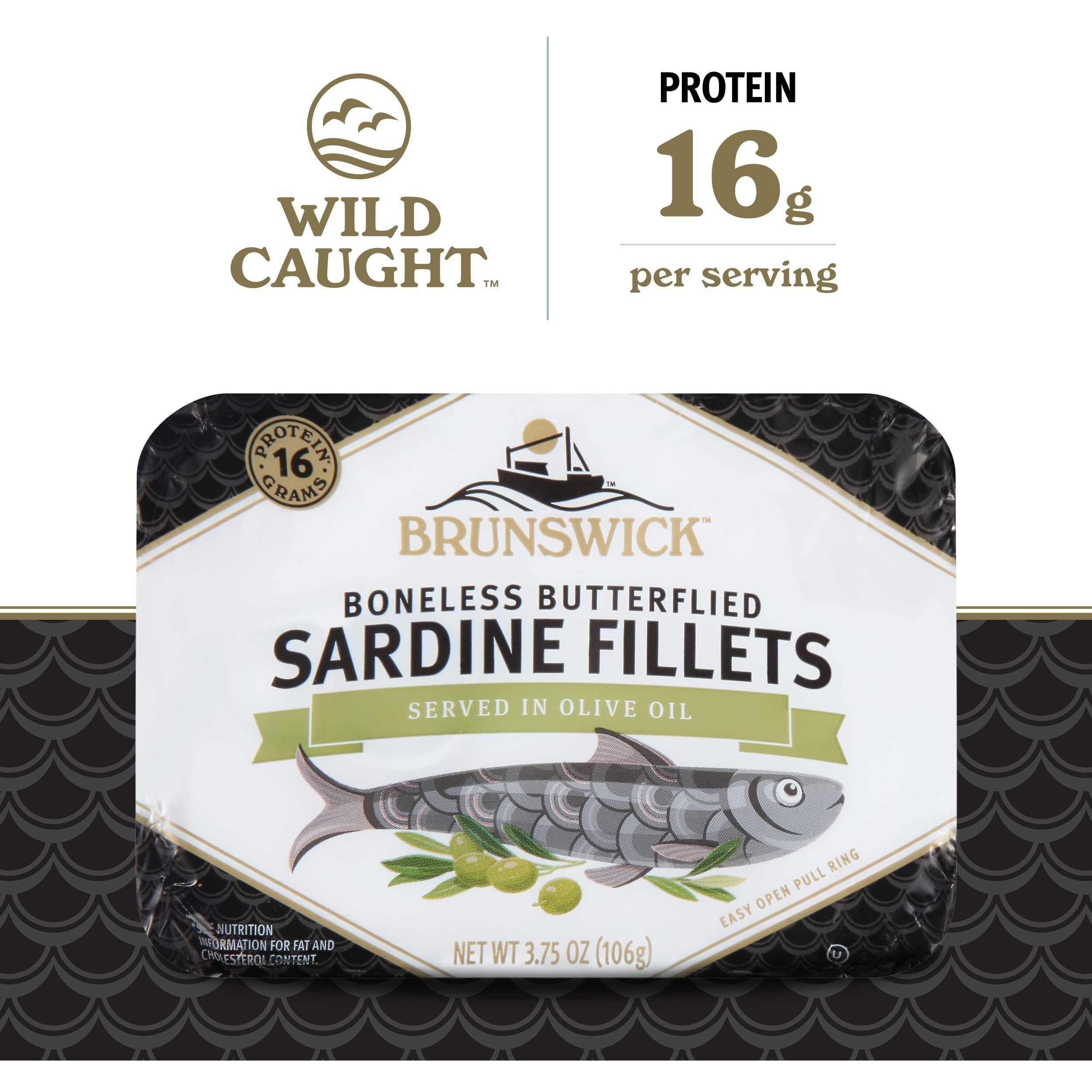 Brunswick Sardines In Olive Oil, 3.75 Oz Can (Pack Of 12) - Wild Caught Sardines - 16G Protein Per Serving - Gluten Free, Keto Friendly - Great For Pasta & Seafood Recipes