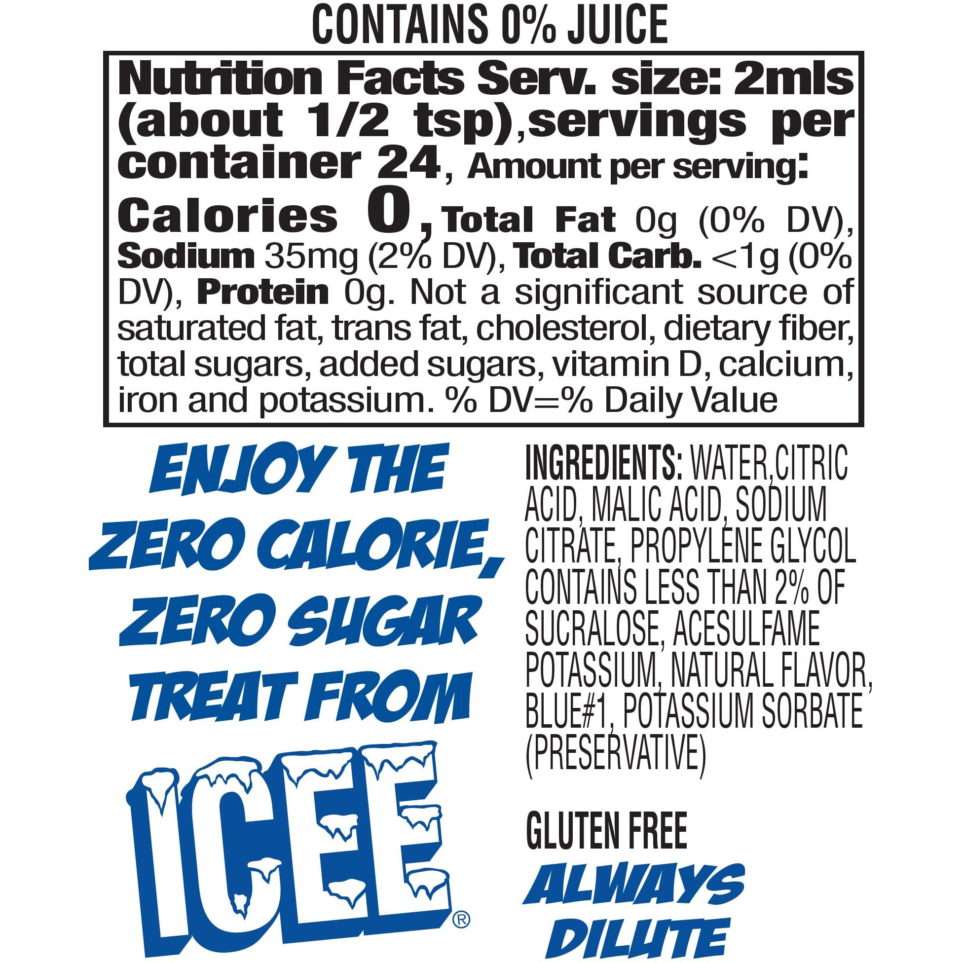 Icee Zero Calorie Blue Raspberry Liquid Water Enhancer Drink Mix, Natural Flavor Drops, Sugar Free, 1.62 Fl Oz Concentrate (48 Ml) - 4 Pack