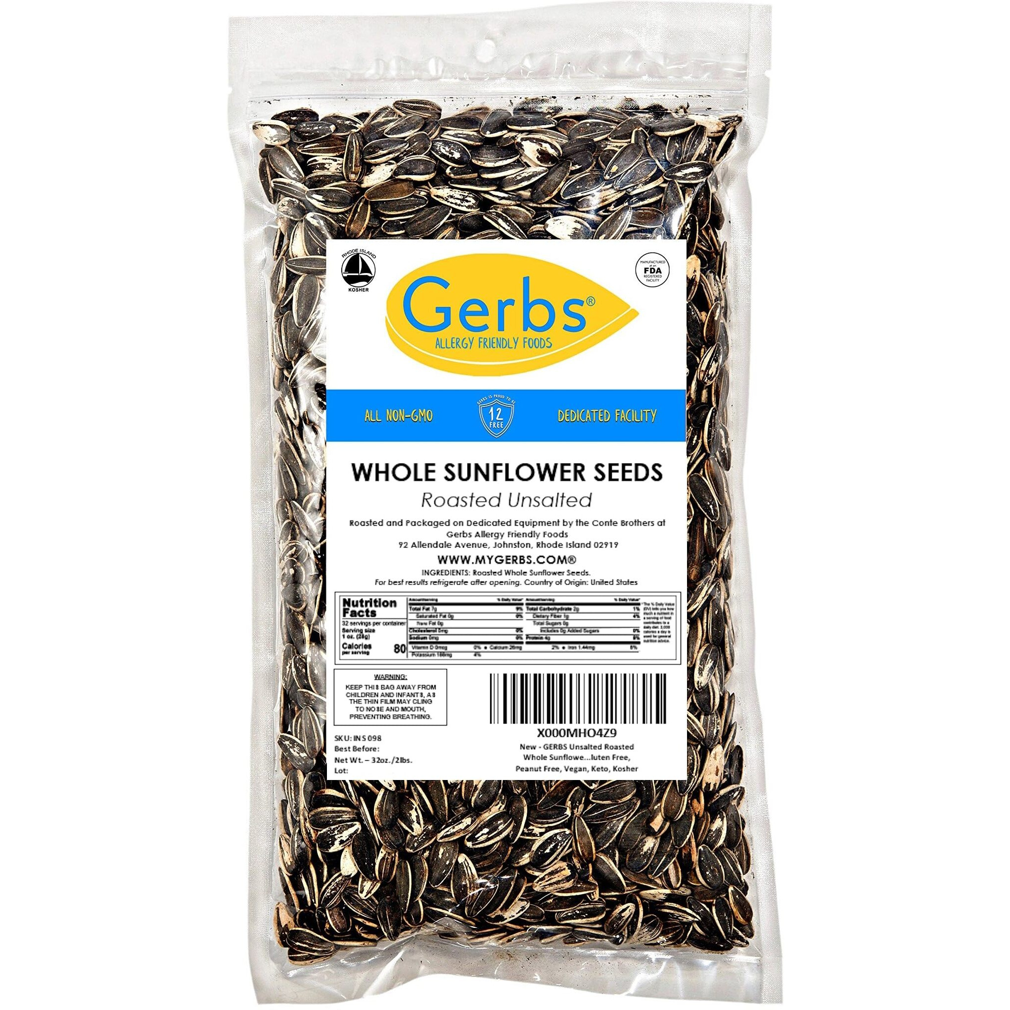 Dry Roasted & Unsalted Whole Sunflower Seeds By Gerbs - 2Lb. Deal. Non Gmo - Certified Top 10 Allergen Free - Country Of Origin Usa