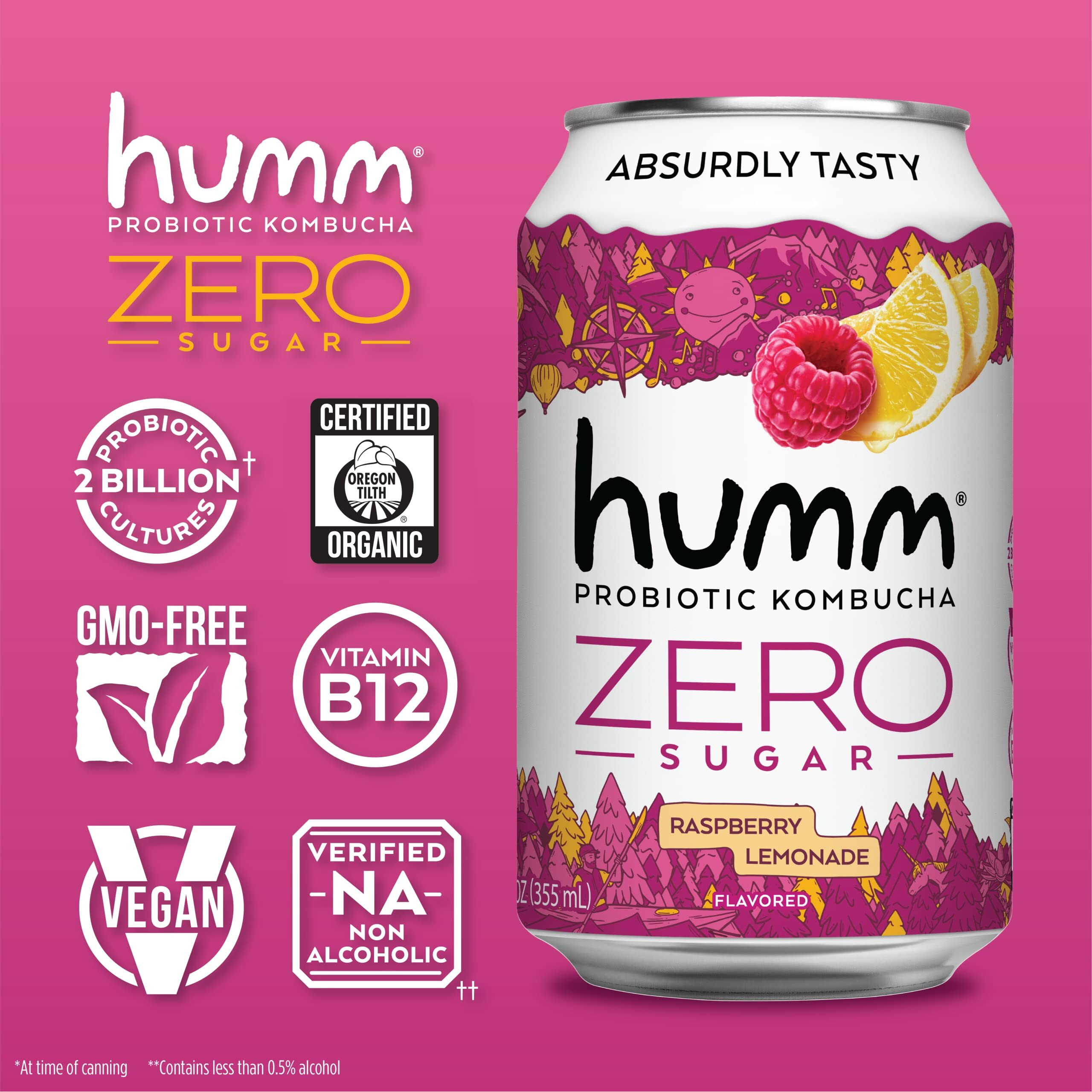 Humm Probiotic Kombucha Zero Sugar Raspberry Lemonade - No Refrigeration Needed, Keto-Friendly, Organic, Vegan, Gluten-Free - 12Oz Cans (16 Pack)