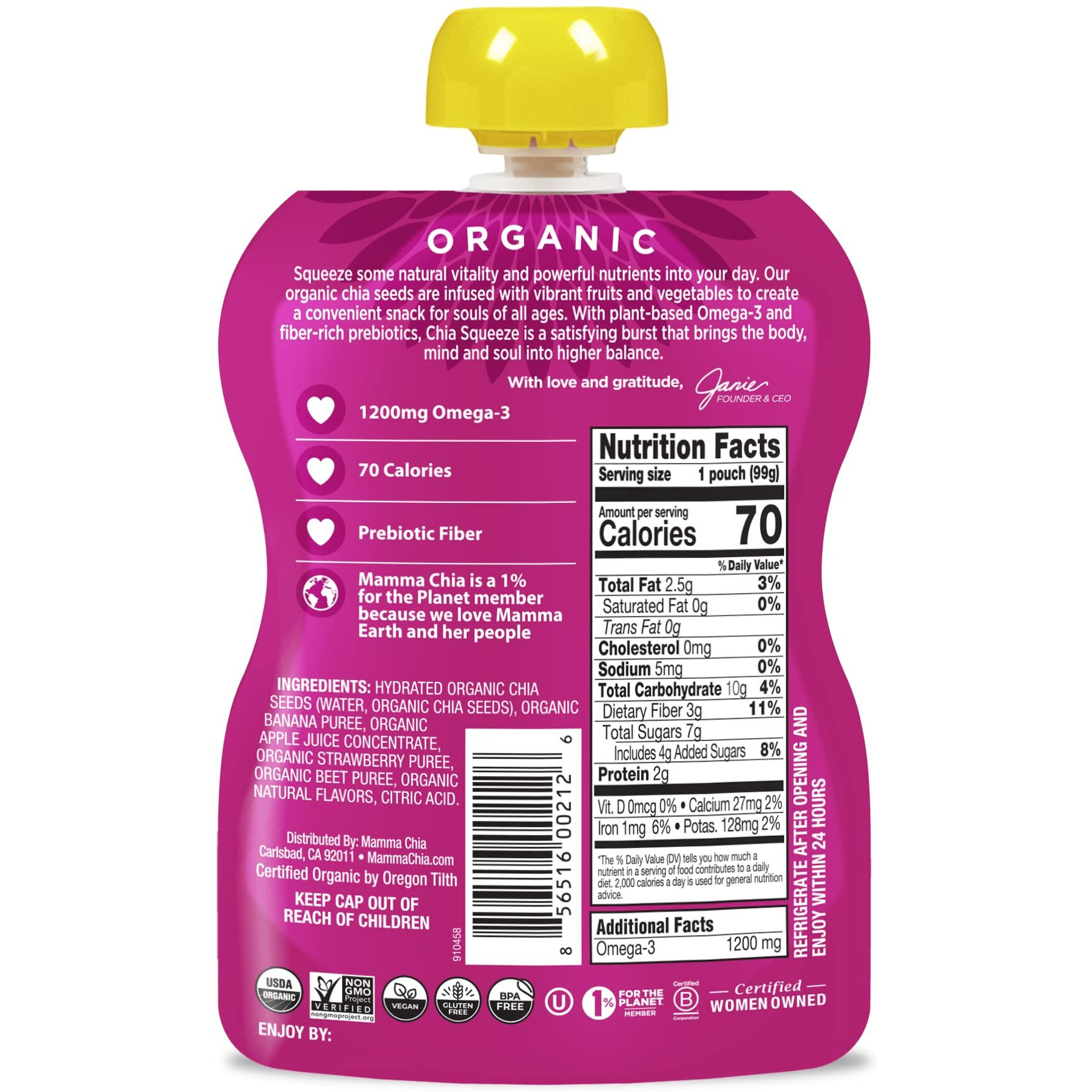 Mamma Chia Strawberry Banana Organic Squeeze Snack, Non Gmo, Gluten Free, 3.5 Ounces (Pack Of 16)