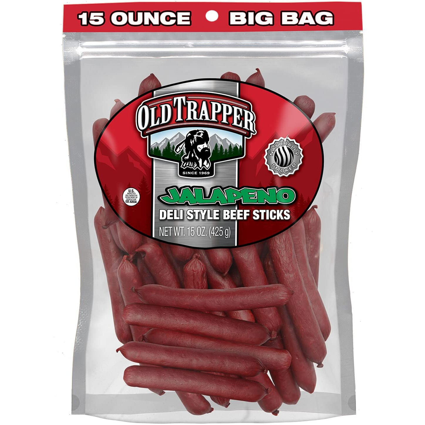 Old Trapper Deli-Style Beef Sticks, Jalapeo Flavor, 15-Ounce Package, Spicy Beef Sticks, Six Grams Of Protein And Zero Grams Of Sugar Per Serving (Pack Of One)