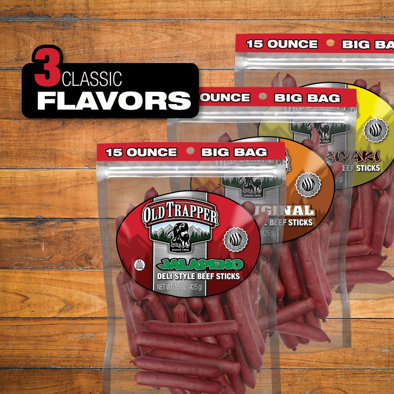 Old Trapper Deli-Style Beef Sticks, Jalapeo Flavor, 15-Ounce Package, Spicy Beef Sticks, Six Grams Of Protein And Zero Grams Of Sugar Per Serving (Pack Of One)