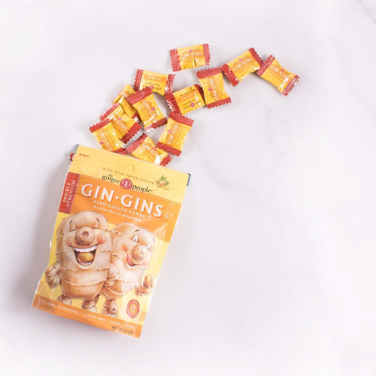 Gin Gins Double Strength Ginger Hard Candy - Natural Fresh Ginger Candy By The Ginger People - Individually Wrapped Healthy Candy - Double Strength Flavor - 3Oz Bag - Pack Of 12