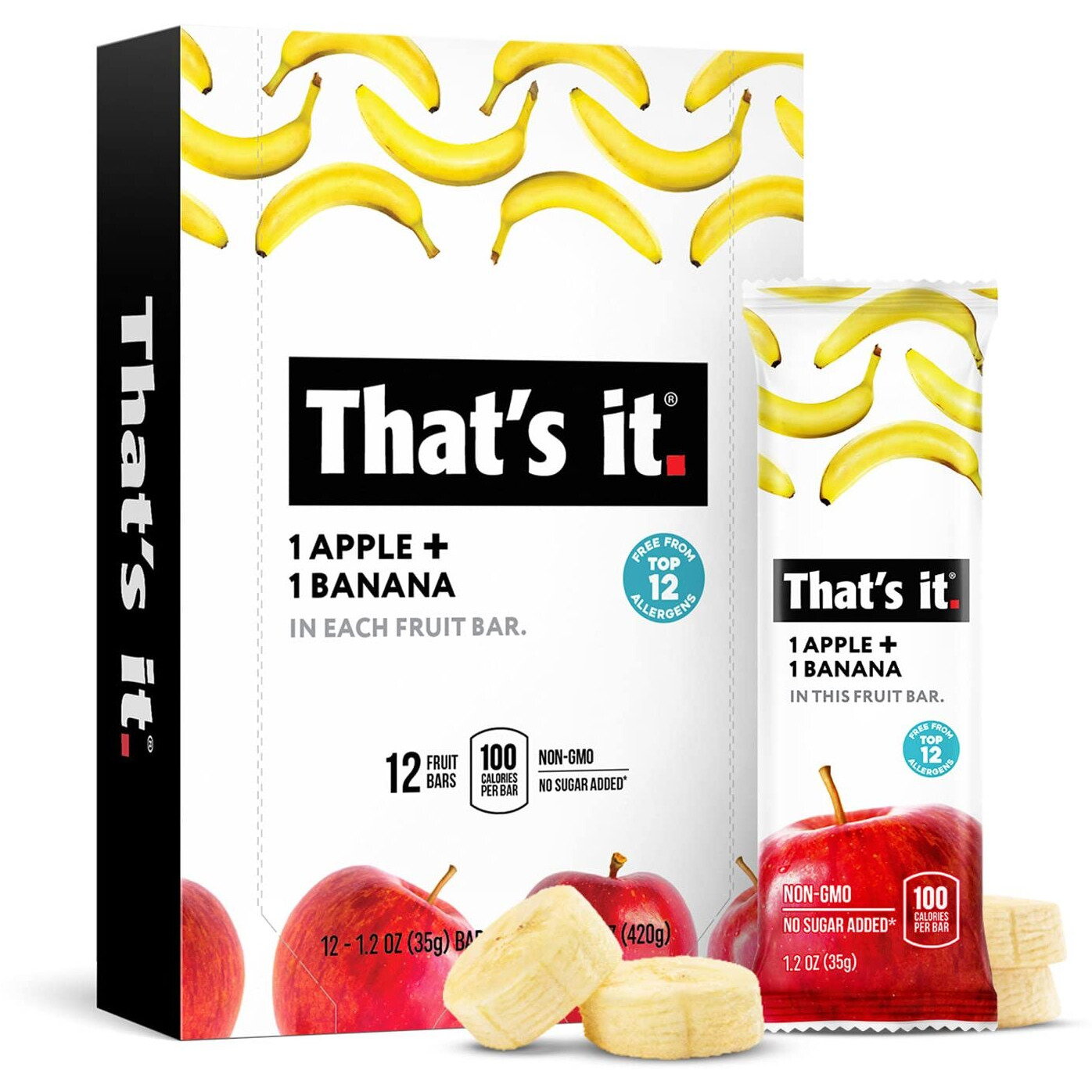 That's It Apple + Banana 100% Natural Real Fruit Bar, Best High Fiber Vegan, Gluten Free Healthy Snack, Paleo For Children & Adults, Non Gmo Sugar-Free, No Preservatives Energy Food (12 Pack)
