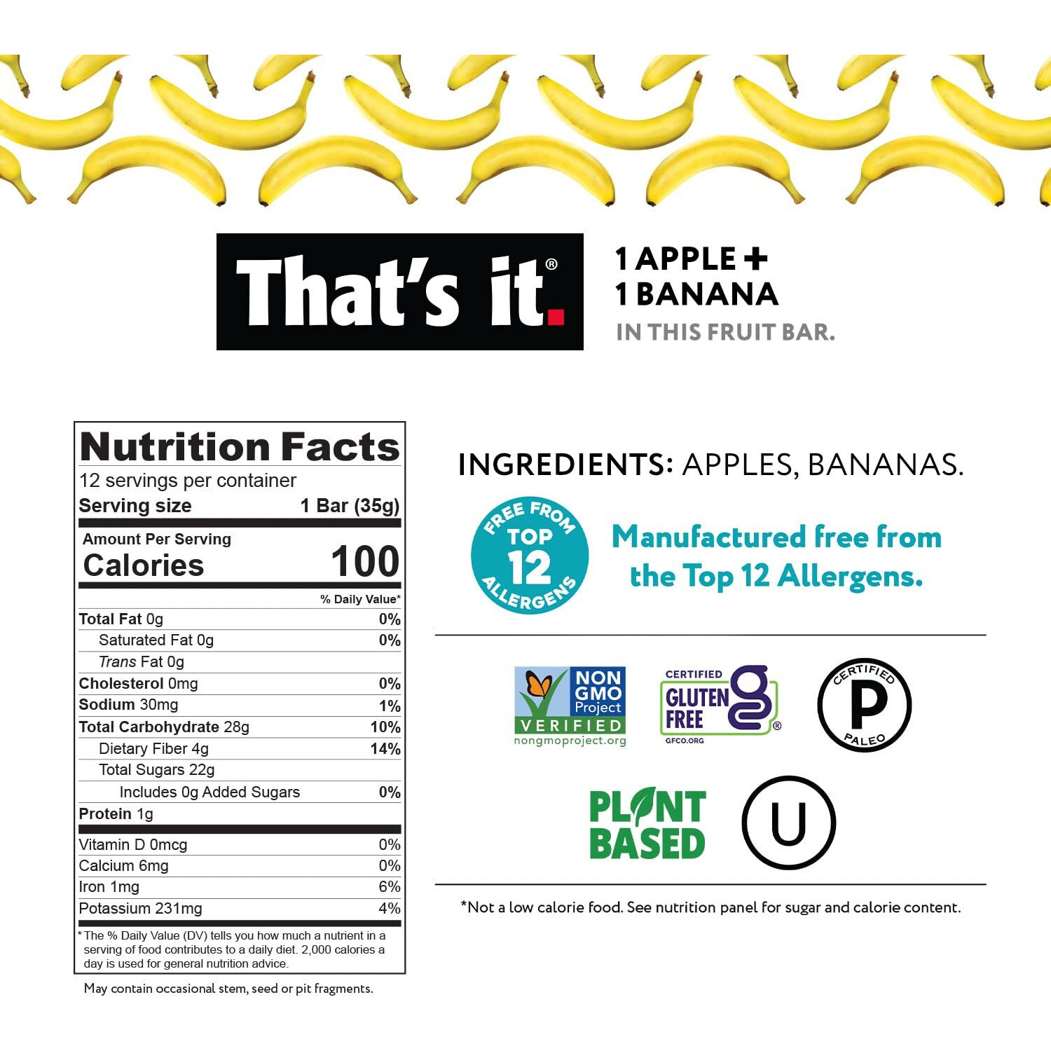 That's It Apple + Banana 100% Natural Real Fruit Bar, Best High Fiber Vegan, Gluten Free Healthy Snack, Paleo For Children & Adults, Non Gmo Sugar-Free, No Preservatives Energy Food (12 Pack)