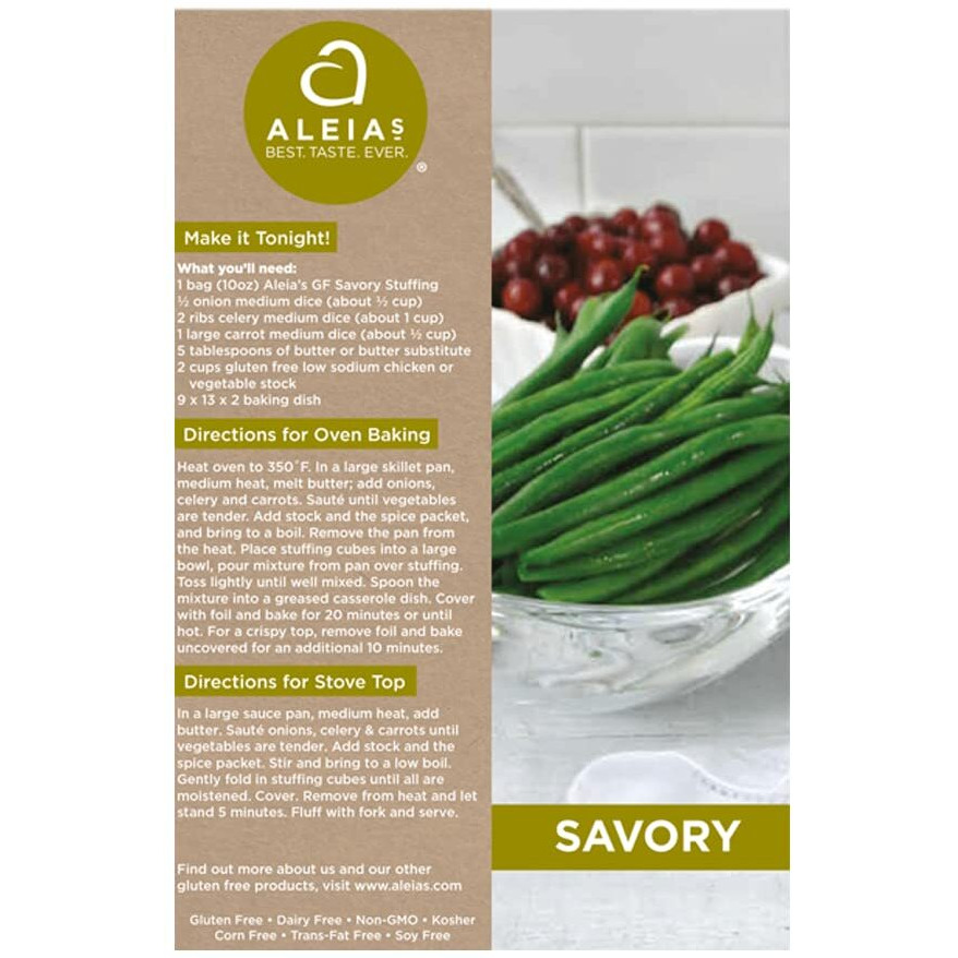 Aleia's Best. Taste. Ever. Savory Stuffing Mix - 10 Oz / 2 Pack - Authentic Taste, Classic Stuffing For Gluten Free Recipes, Certified Gluten Free, Non-Gmo, Corn Free, Soy Free, Dairy Free, Low Sodium, Kosher