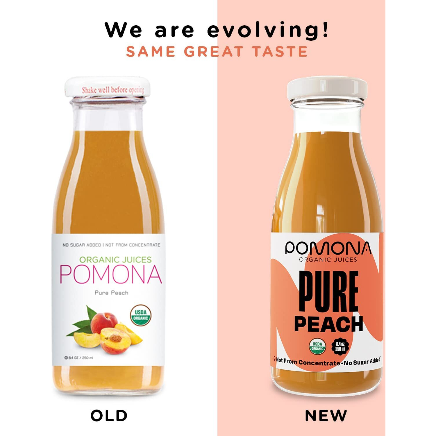 Pomona Organic Peach Juice (Pack Of 12), Cold Pressed Usda Organic Juices, 100% Peaches, No Added Sugar, Not From Concentrate, Vegan, Kosher, Non Gmo, Pasteurized, 8.4 Oz Glass Bottles