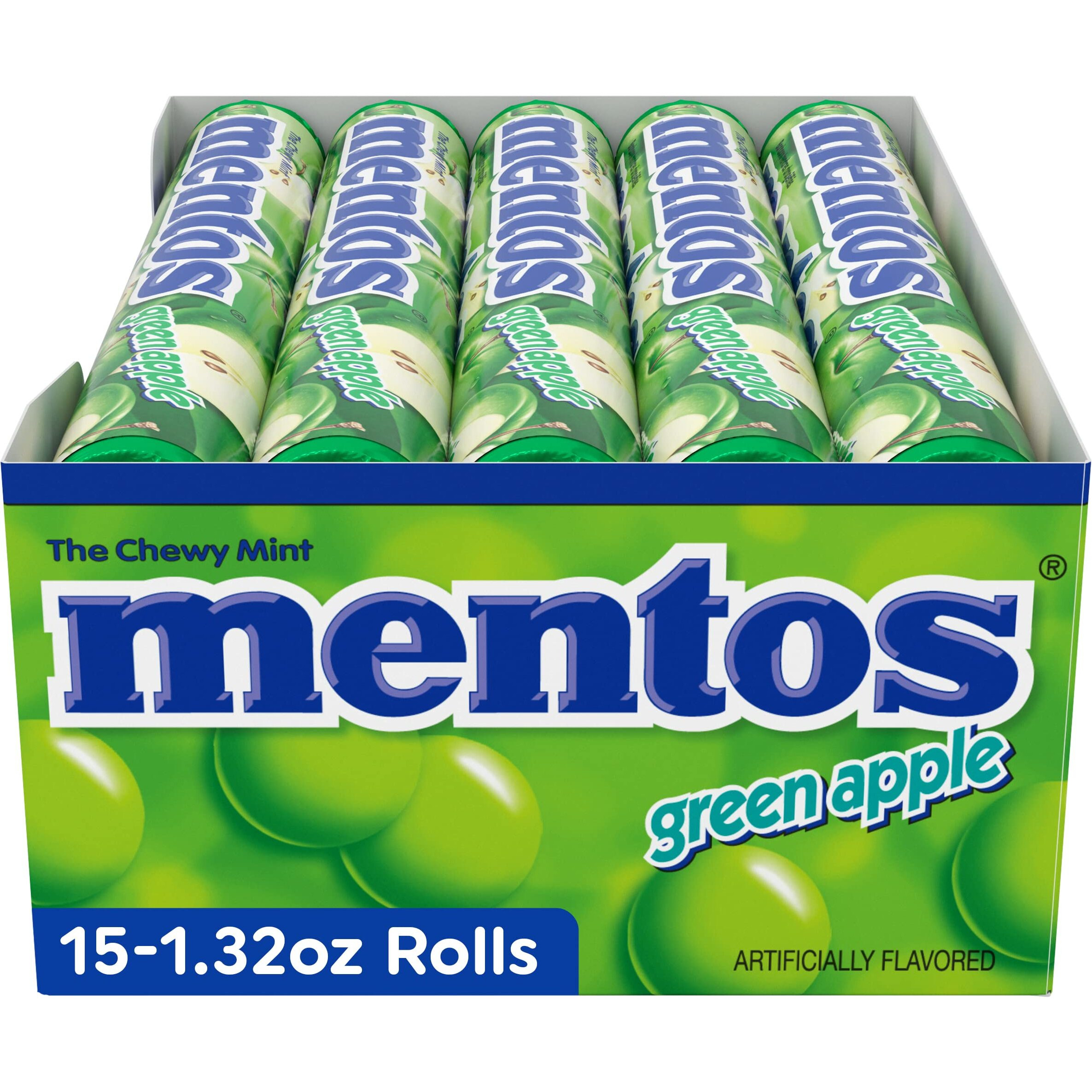 Mentos Chewy Mint Candy Roll, Green Apple, Bulk, Party, Non Melting, 1.32 Ounce/14 Pieces (Pack Of 15)