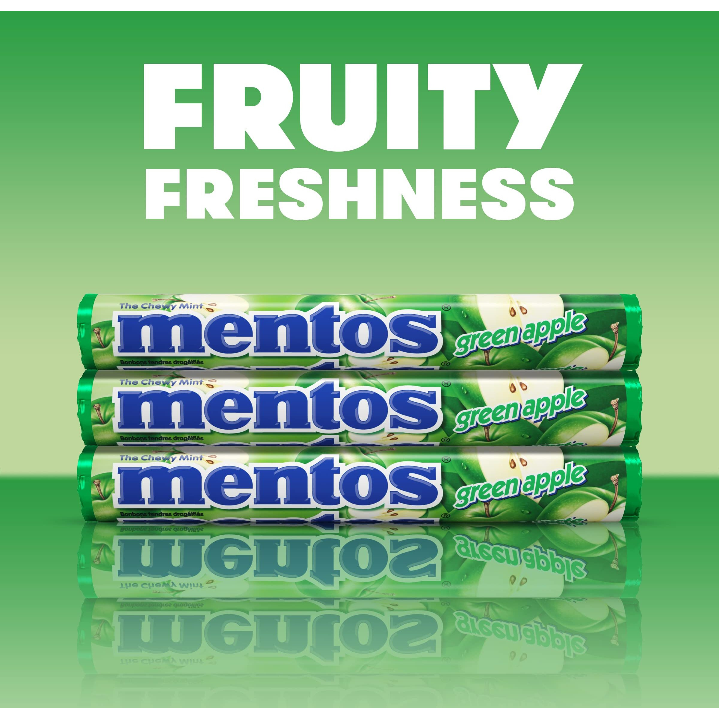 Mentos Chewy Mint Candy Roll, Green Apple, Bulk, Party, Non Melting, 1.32 Ounce/14 Pieces (Pack Of 15)