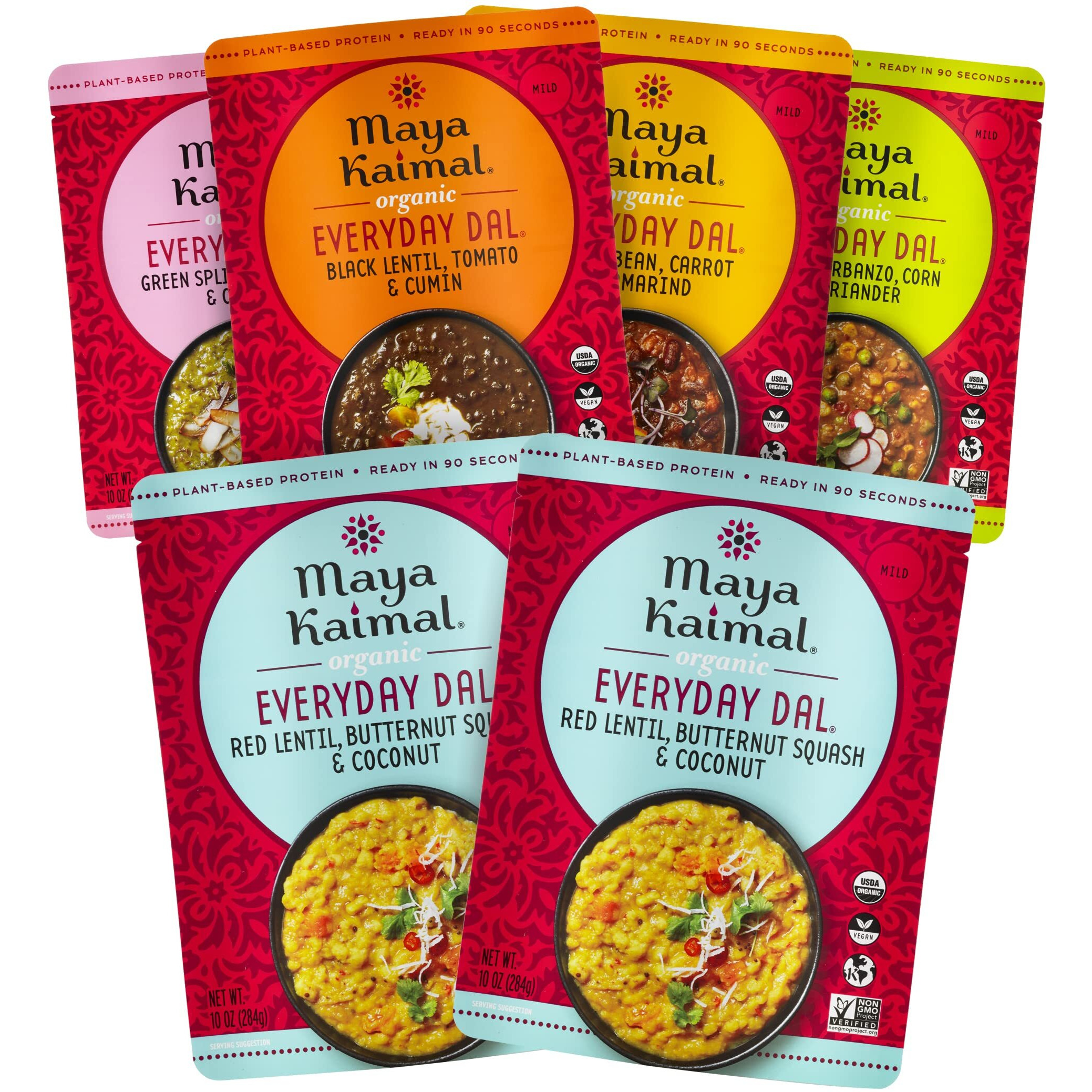 Maya Kaimal Foods - Organic Indian Everyday Dal - 6 Pack Variety Of 10Oz Ready To Eat Meals - Fully Cooked - Vegan - Kosher - Microwavable - Made From Lentils, Beans, Squash, Coconut, Peas