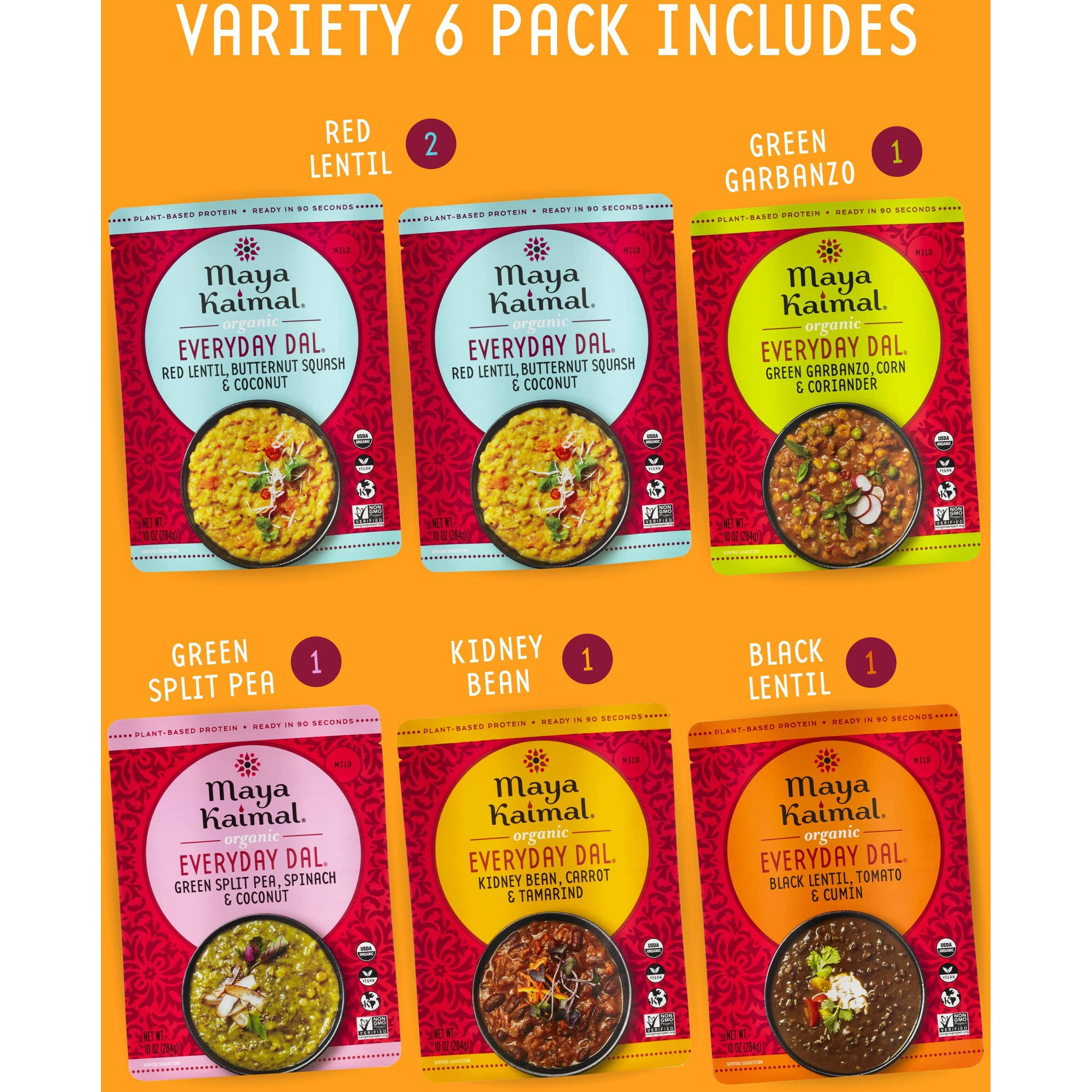 Maya Kaimal Foods - Organic Indian Everyday Dal - 6 Pack Variety Of 10Oz Ready To Eat Meals - Fully Cooked - Vegan - Kosher - Microwavable - Made From Lentils, Beans, Squash, Coconut, Peas