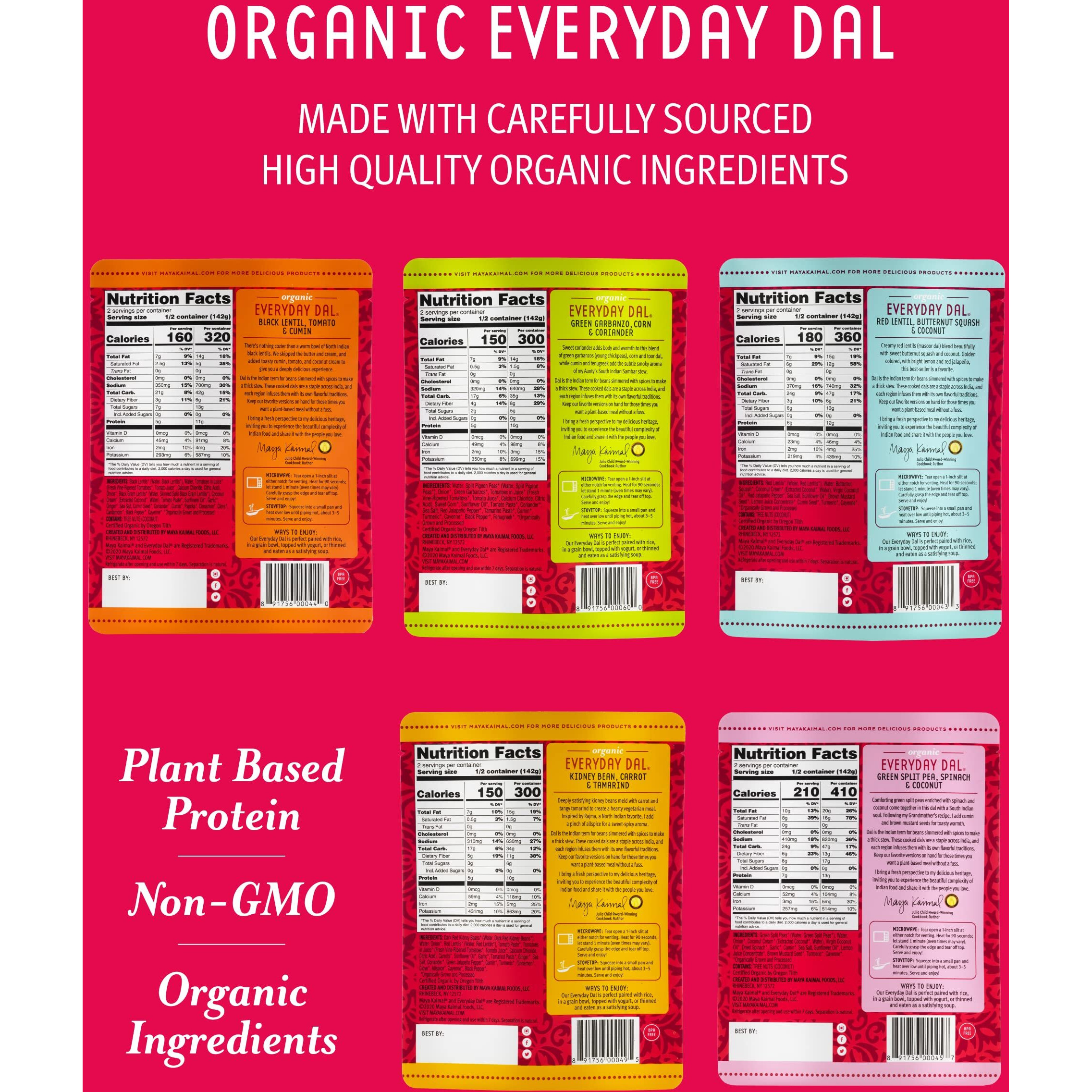 Maya Kaimal Foods - Organic Indian Everyday Dal - 6 Pack Variety Of 10Oz Ready To Eat Meals - Fully Cooked - Vegan - Kosher - Microwavable - Made From Lentils, Beans, Squash, Coconut, Peas