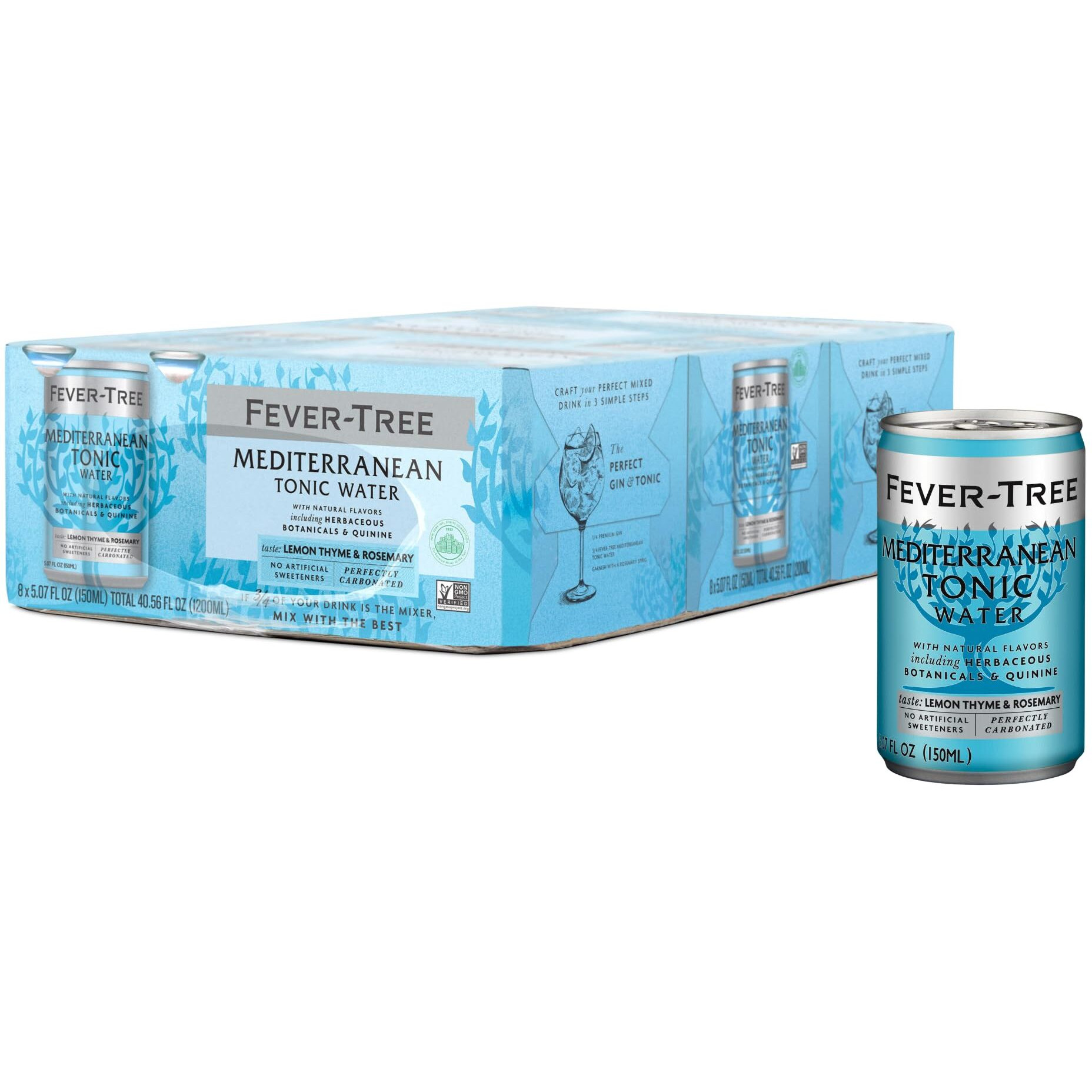 Fever Tree Mediterranean Tonic Water - Premium Mixer - Refreshing Beverage For Cocktails & Mocktails. Naturally Sourced Ingredients, No Artificial Sweeteners Or Colors - 150 Ml Cans - Pack Of 24