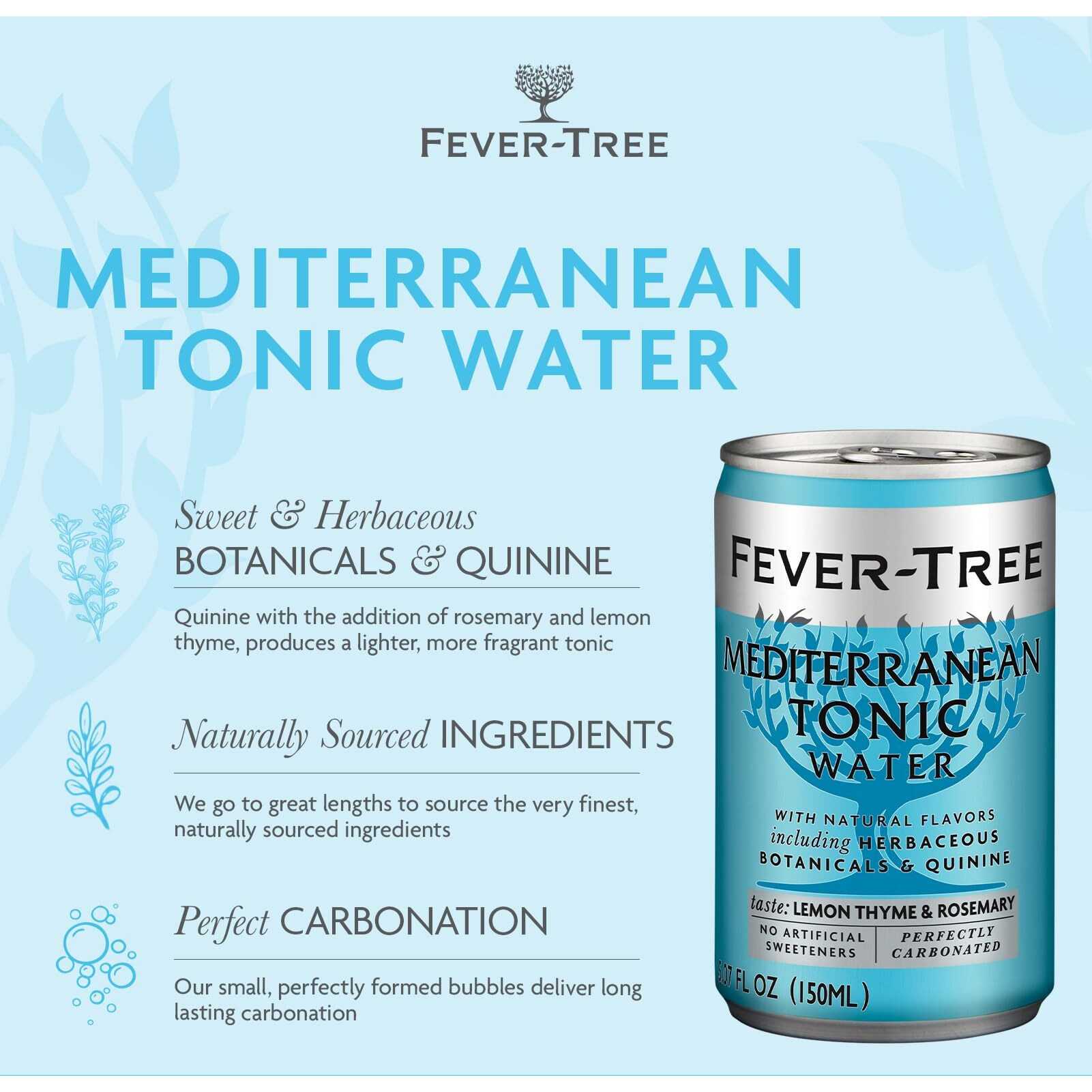Fever Tree Mediterranean Tonic Water - Premium Mixer - Refreshing Beverage For Cocktails & Mocktails. Naturally Sourced Ingredients, No Artificial Sweeteners Or Colors - 150 Ml Cans - Pack Of 24