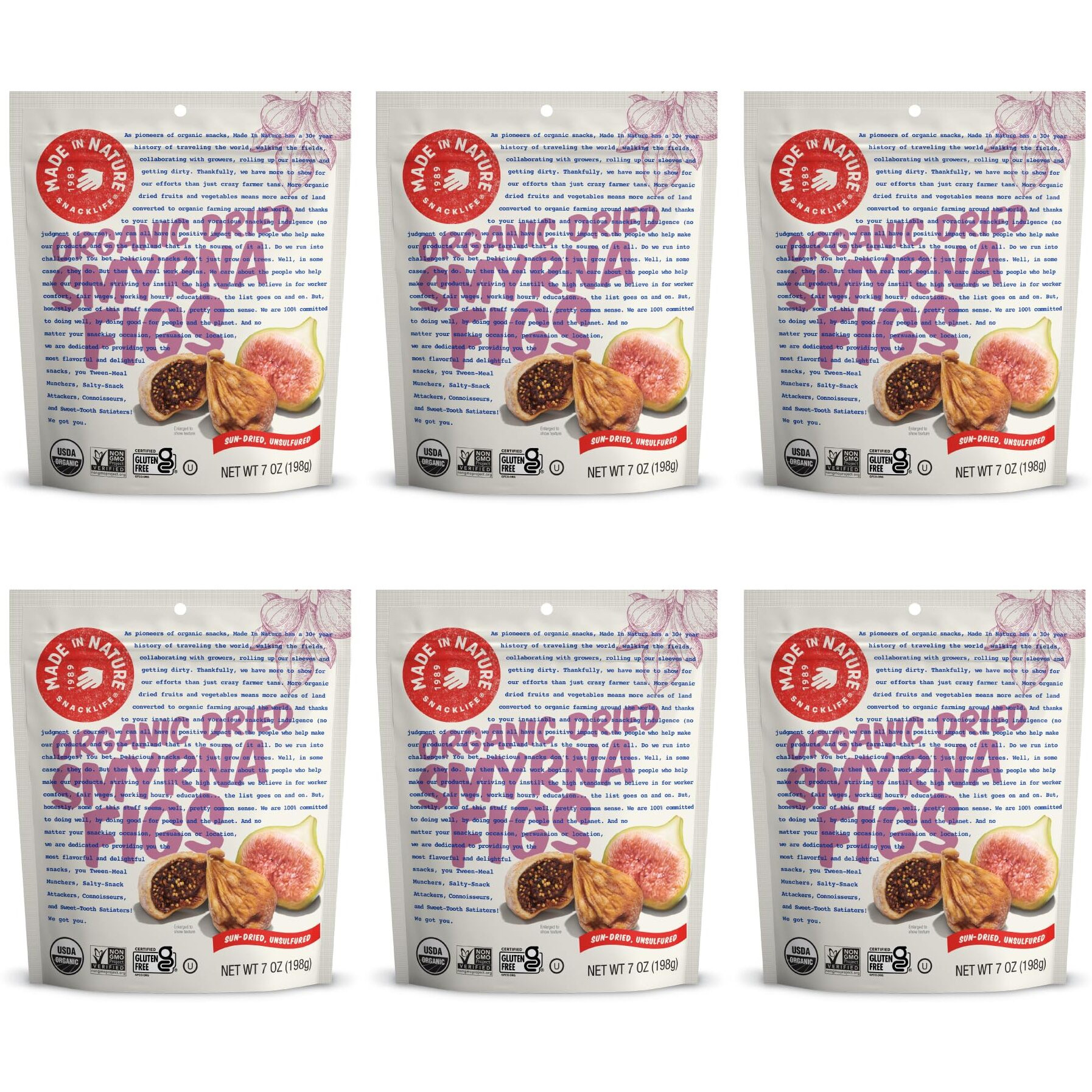 Made In Nature Organic Dried Fruit, Turkish Smyrna Figs, 7Oz Bags (6 Count) - Non-Gmo, Unsulfured Vegan Snack