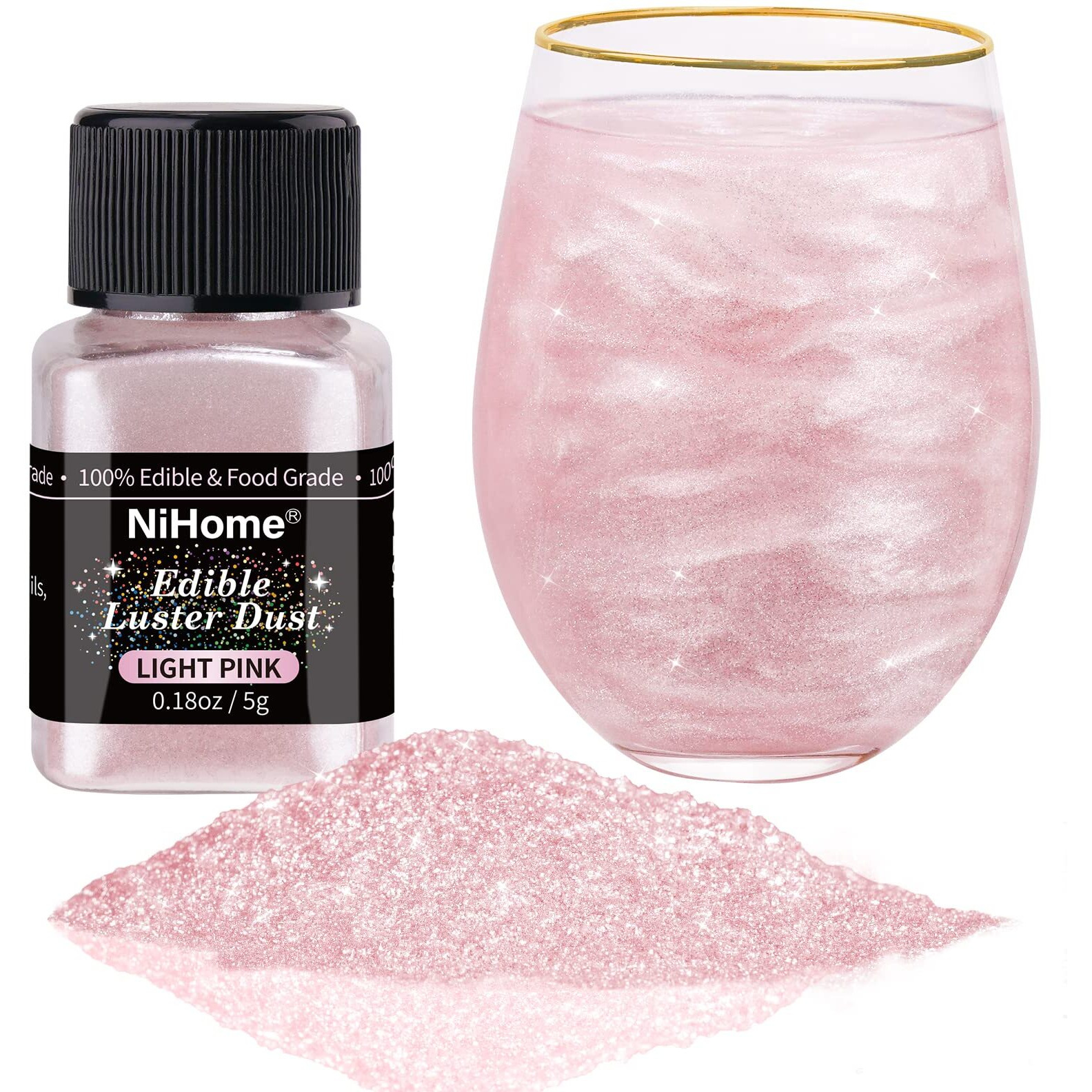 Nihome Edible Food-Grade Glimmer Powder Glitter Luster Dust Metallic Food Decorating Sprinkle Glimmery Dust For Drink Wine Beverage Cake Candy Dessert Bakery Restaurant Vegan (0.18Oz/5G, Light Pink)