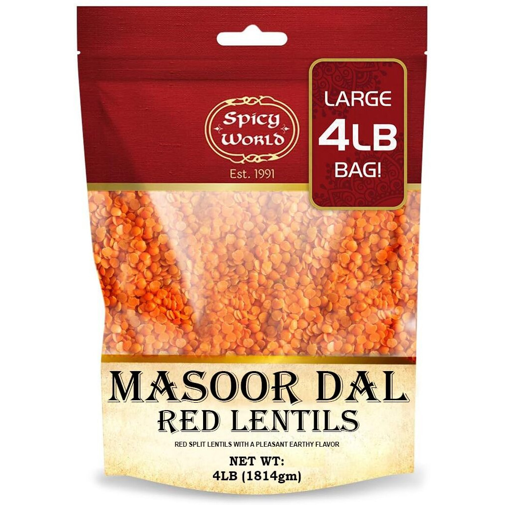 Spicy World Masoor Dal 4 Pound Bag - Split Red Lentils Dry - All Natural, Pure, Vegan - Resealable Bag
