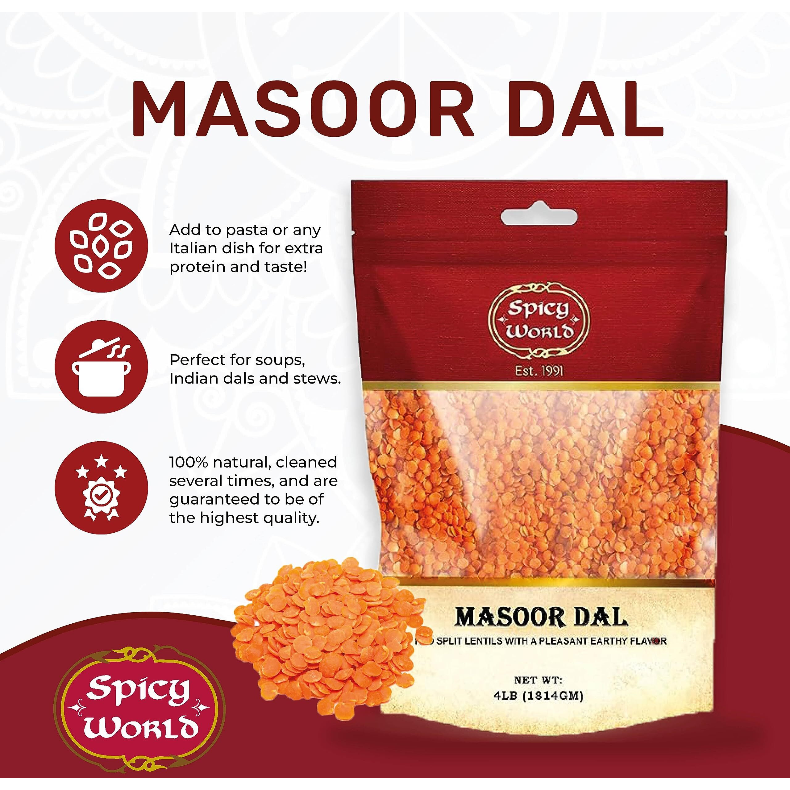 Spicy World Masoor Dal 4 Pound Bag - Split Red Lentils Dry - All Natural, Pure, Vegan - Resealable Bag