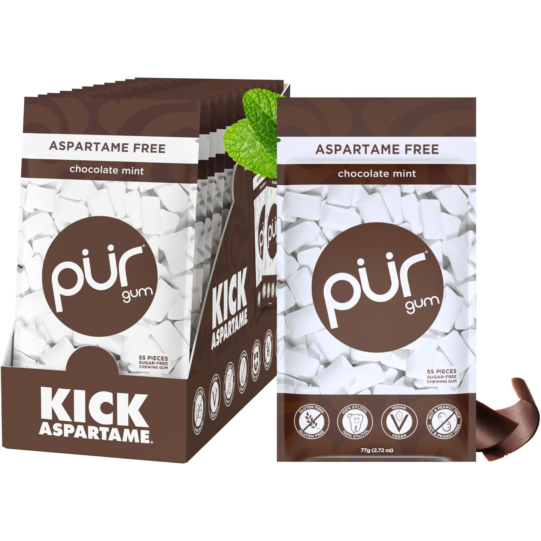 Pur Gum | Aspartame Free Chewing Gum | 100% Xylitol | Natural Chocolate Mint Flavored Gum, 55 Pieces (Pack Of 12)