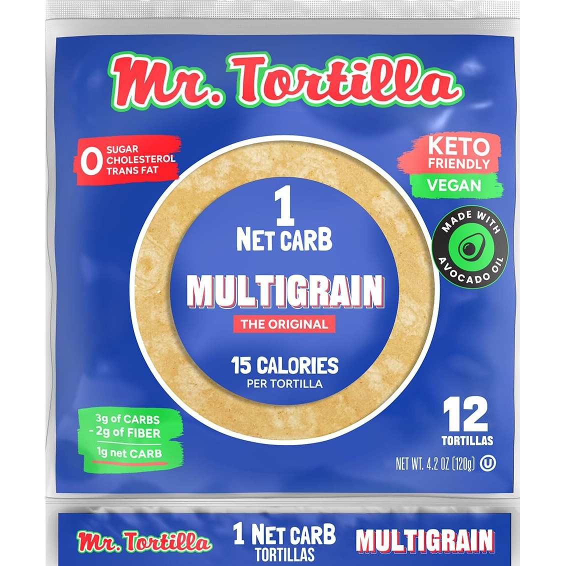Mr. Tortilla Low Carb Tortilla Wraps - Keto Tortillas With Avocado Oil - Street Taco Size - 1 Net Carb Per Serving - Low Calorie Keto Wraps - Low Carb Tortillas - (Multigrain, 12 Count)