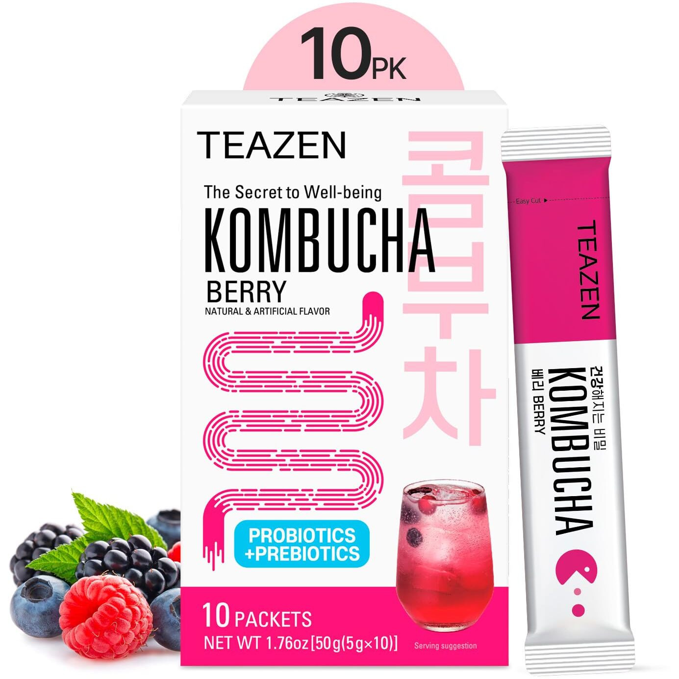 Teazen Berry Kombucha Tea, Hydration Drink Mix, Sugar Free, Live Probiotics & Prebiotics, 10 Sticks, 1.76Oz