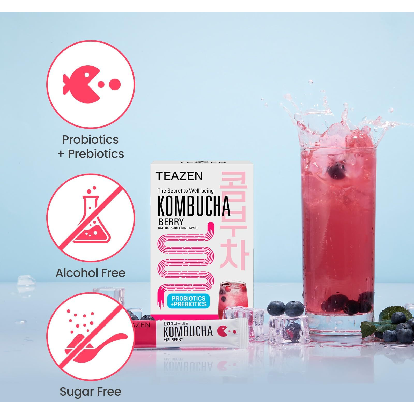 Teazen Berry Kombucha Tea, Hydration Drink Mix, Sugar Free, Live Probiotics & Prebiotics, 10 Sticks, 1.76Oz