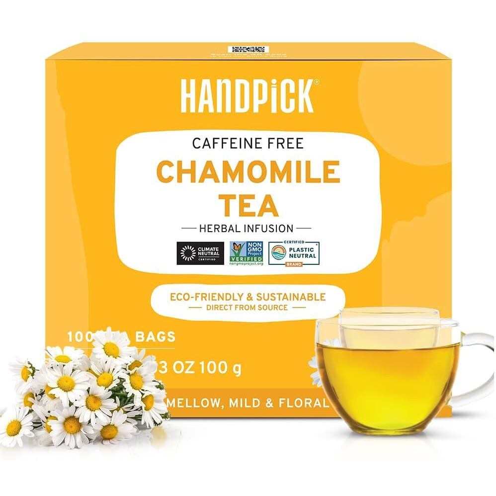 Handpick, Chamomile Tea Bags (100 Count) Caffeine Free, Eco-Conscious Tea Bags | Premium Natural Chamomile Flower Herbal Tea