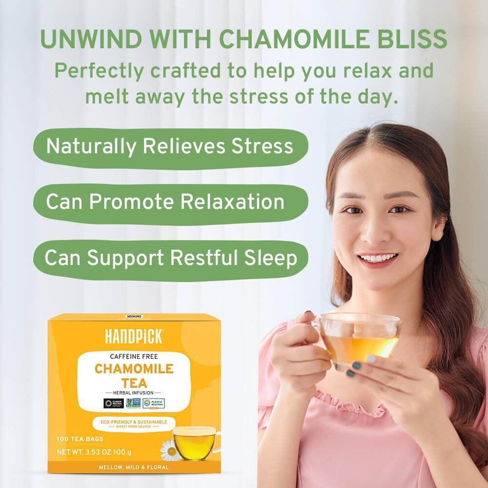 Handpick, Chamomile Tea Bags (100 Count) Caffeine Free, Eco-Conscious Tea Bags | Premium Natural Chamomile Flower Herbal Tea