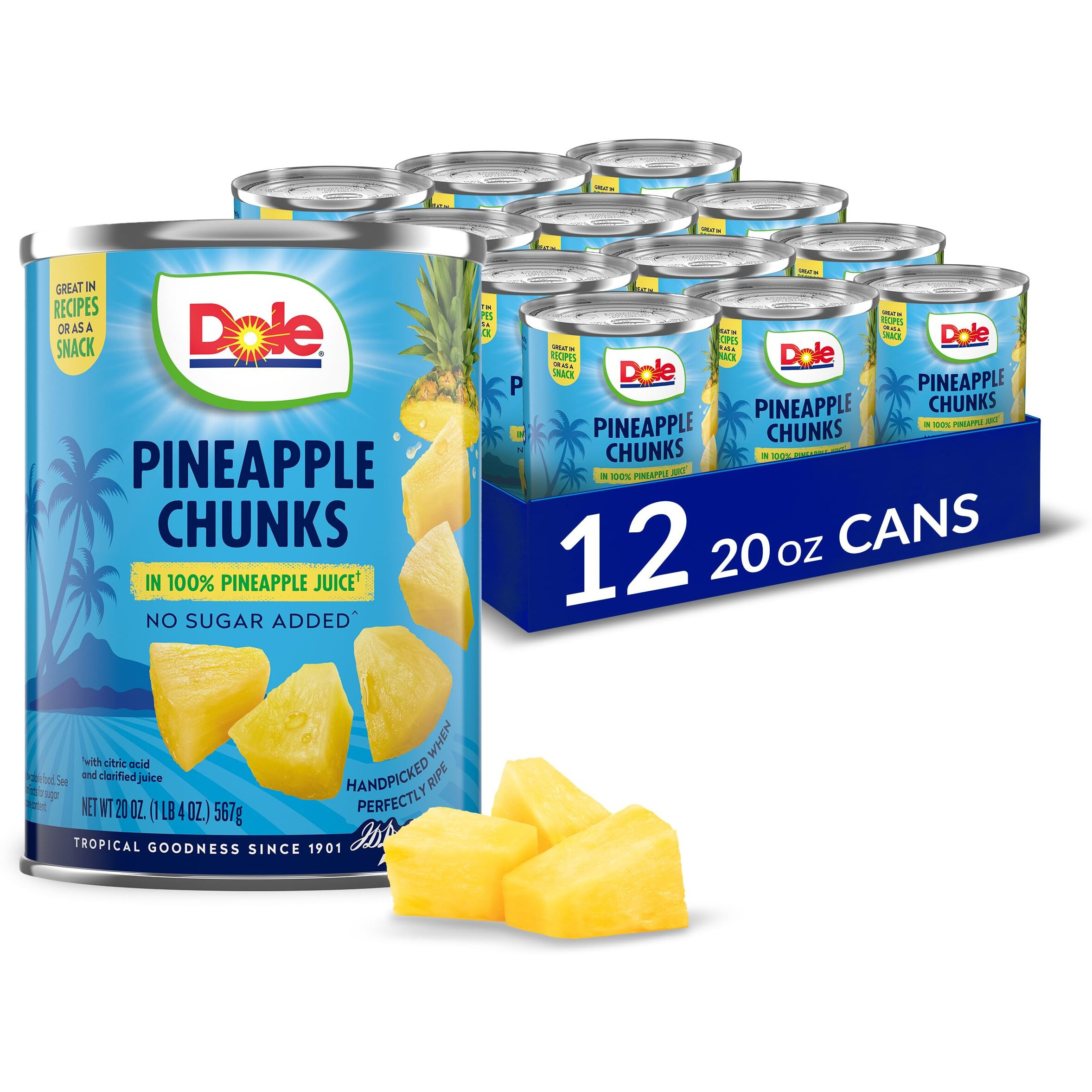 Dole Canned Fruit, Pineapple Chunks In 100% Pineapple Juice, Gluten Free, Pantry Staples, 20 Oz, 12 Count, Packaging May Vary
