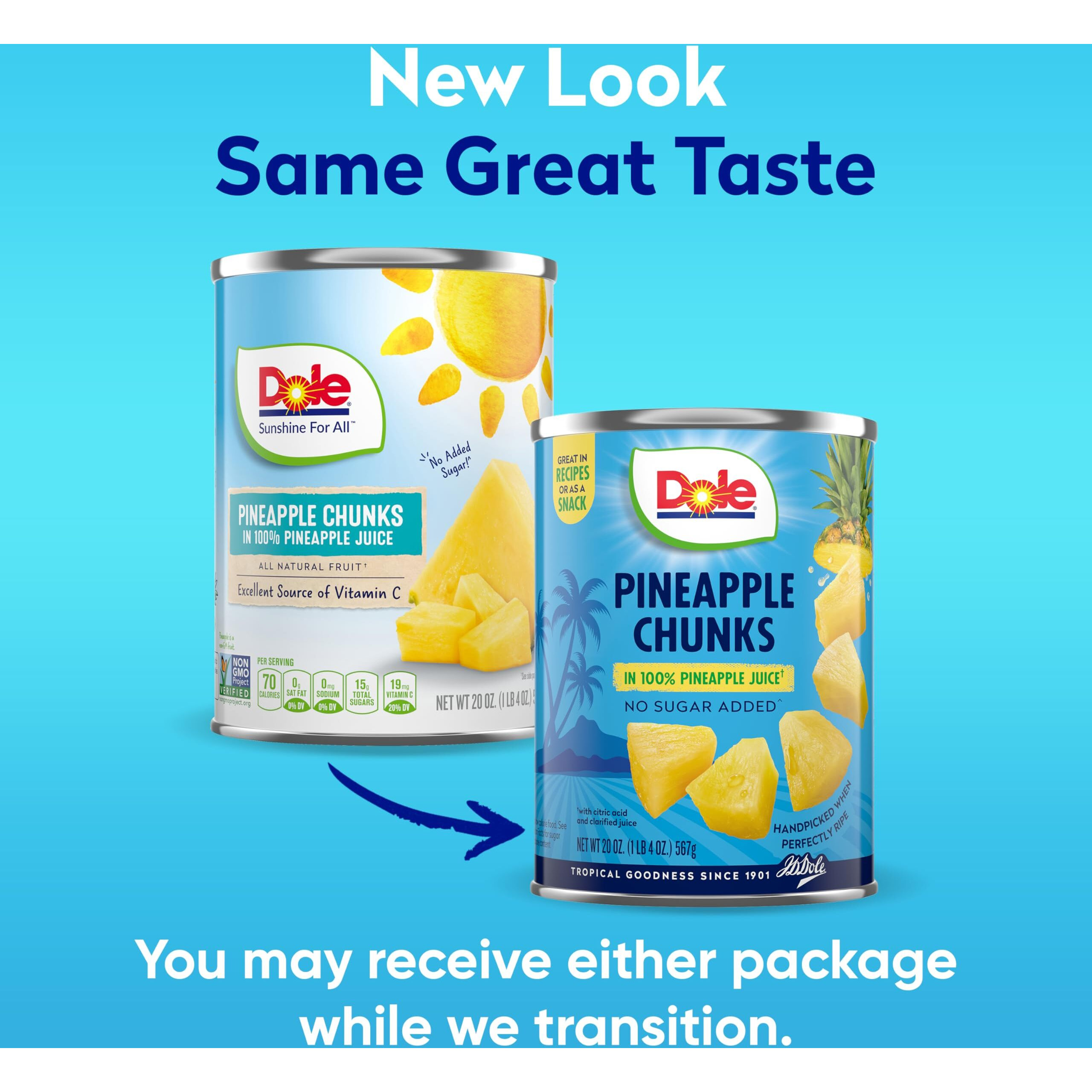 Dole Canned Fruit, Pineapple Chunks In 100% Pineapple Juice, Gluten Free, Pantry Staples, 20 Oz, 12 Count, Packaging May Vary