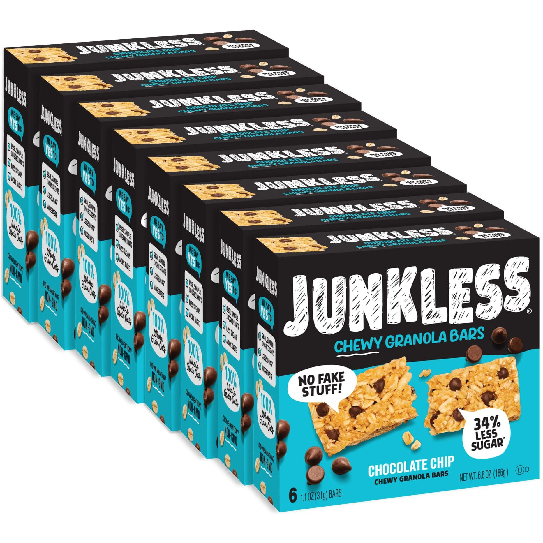 Junkless Chocolate Chip Chewy Granola Bars - Less Sugar, Great Tasting, Wholesome Snacks - Bulk Granola Bars - 1.1 Oz. Bars, 8 Boxes