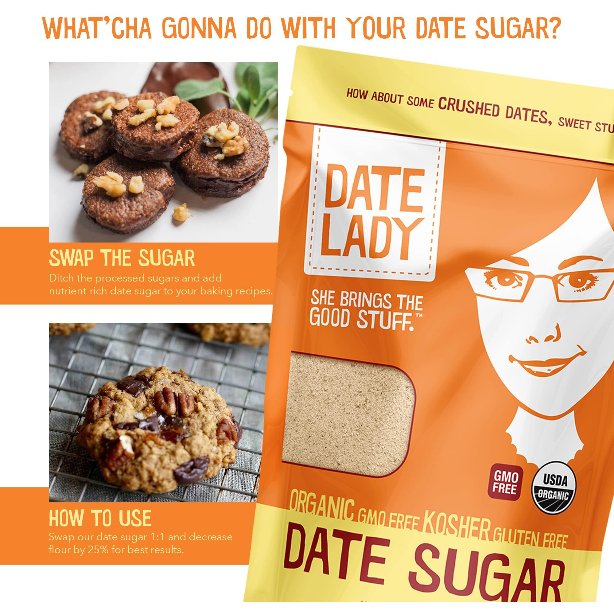 Organic Date Sugar, 1 Lb | 100% Whole Food | Vegan, Paleo, Gluten-Free & Kosher | 100% Ground Dates | Sugar Substitute And Alternative Sweetener For Baking | Contains Fiber From The Date (2 Bags)