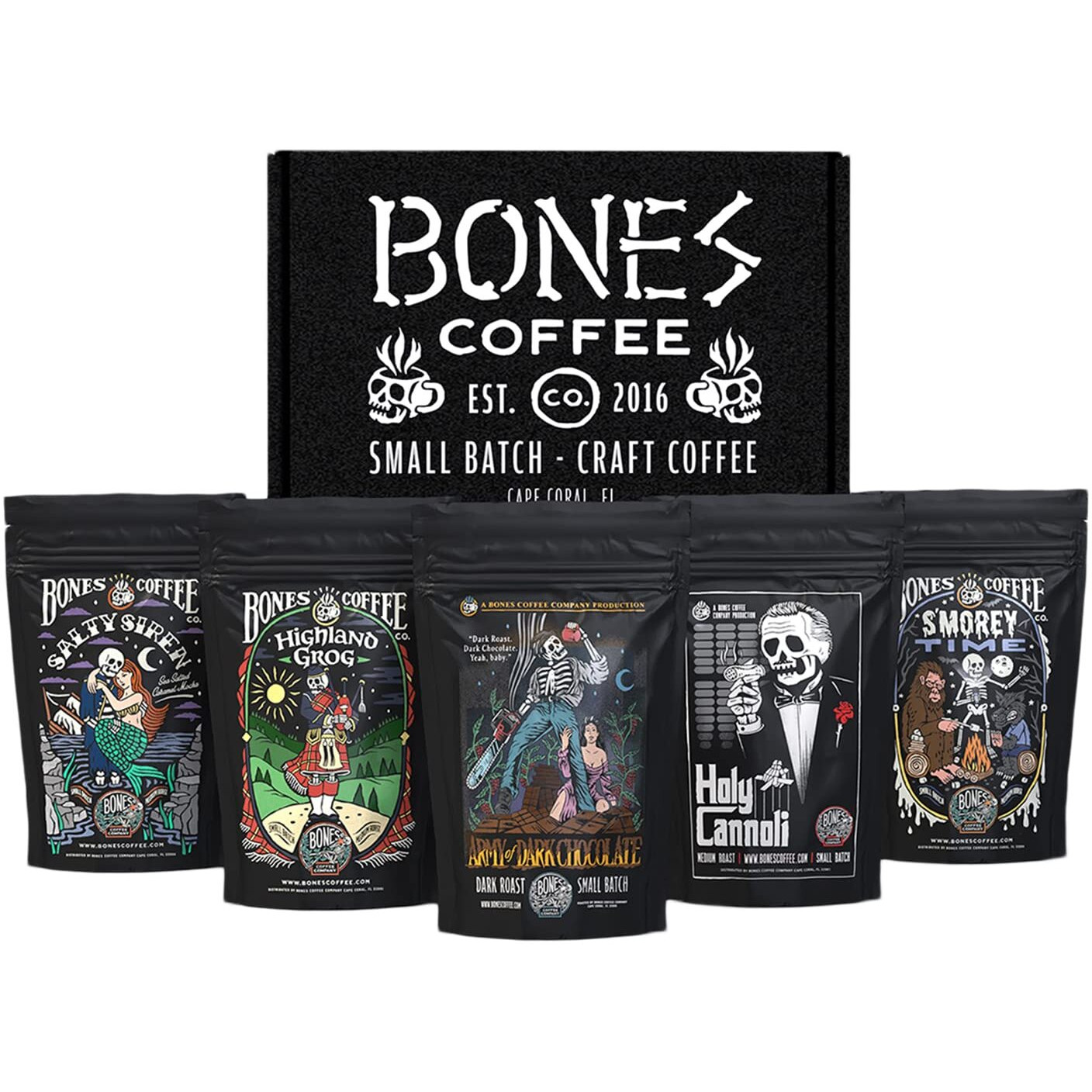 Bones Coffee Company New Flavors Favorite Flavors Sample Pack | 4 Oz Pack Of 5 Assorted Whole Coffee Beans | Low Acid Medium Roast Gourmet Beverages (Whole Bean)
