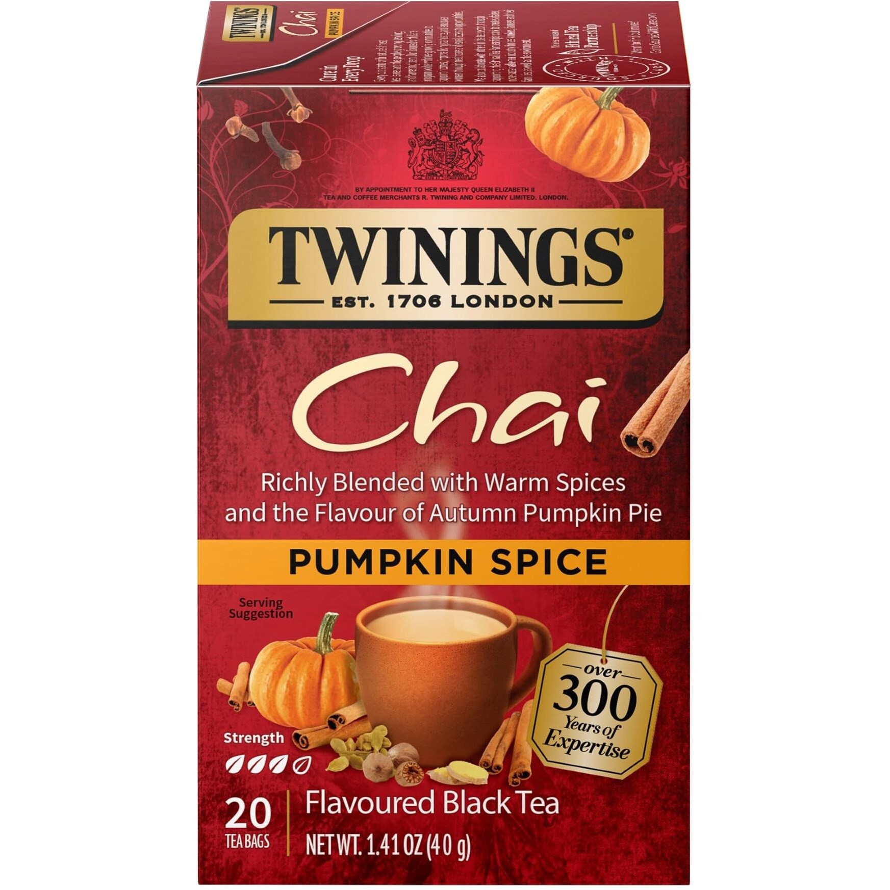 Twinings Pumpkin Spice Chai Tea, 20 Count (Pack Of 6), Individually Wrapped Tea Bags, Warm, Spicy & Aromatic, Caffeinated, Enjoy Hot Or Iced
