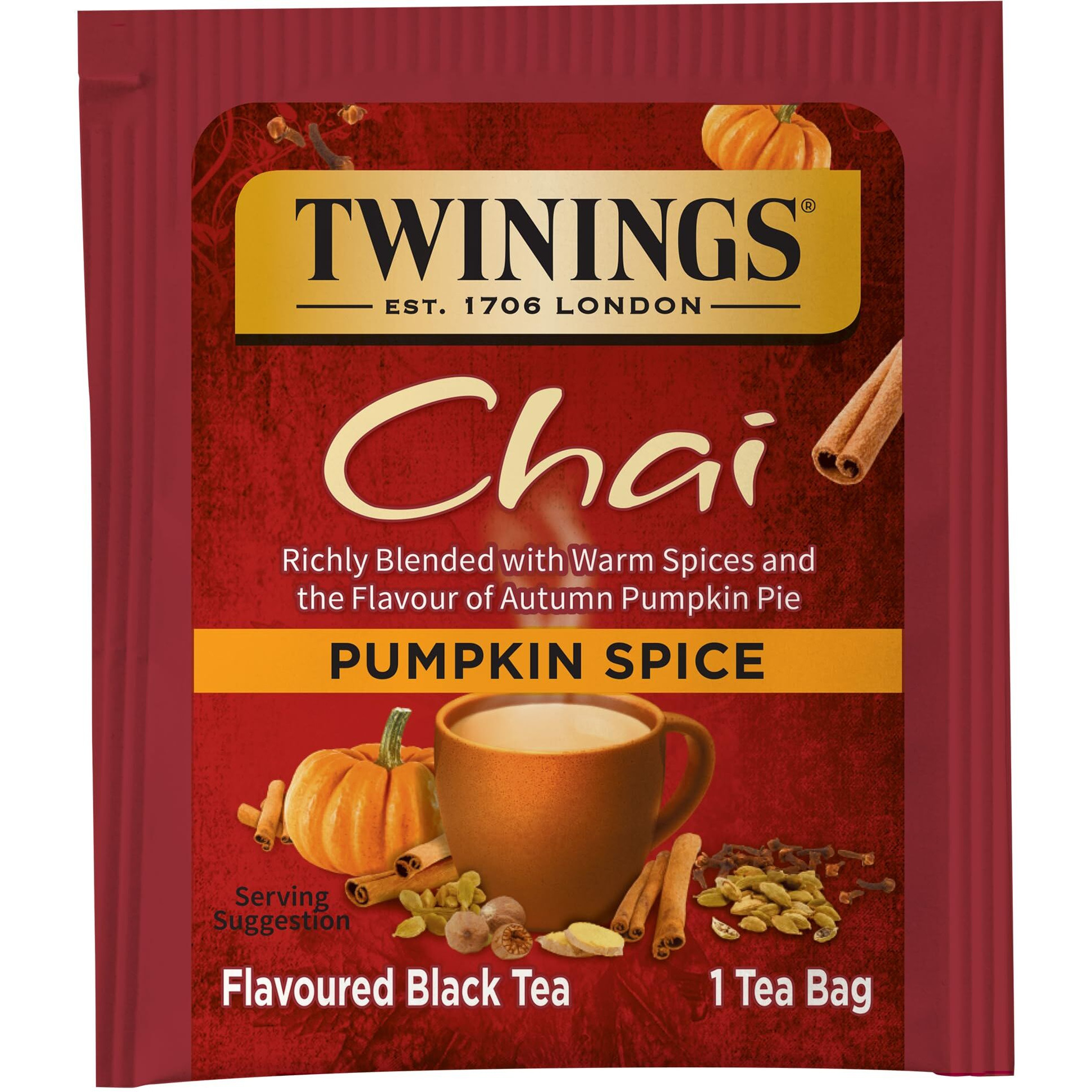 Twinings Pumpkin Spice Chai Tea, 20 Count (Pack Of 6), Individually Wrapped Tea Bags, Warm, Spicy & Aromatic, Caffeinated, Enjoy Hot Or Iced