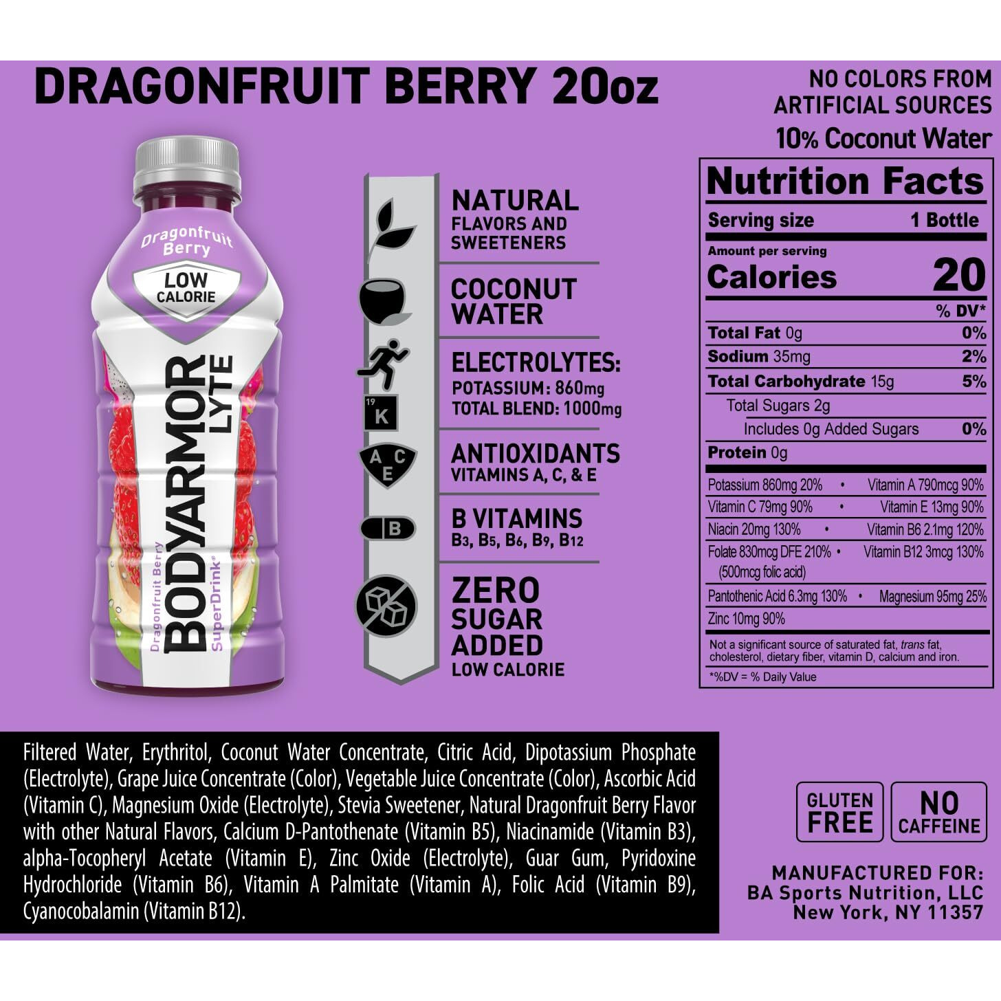 Bodyarmor Lyte Sports Drink Low-Calorie Sports Beverage, Dragonfruit Berry, Natural Flavors With Vitamins, Potassium-Packed Electrolytes, Perfect For Athletes, 20 Fl Oz (Pack Of 6)