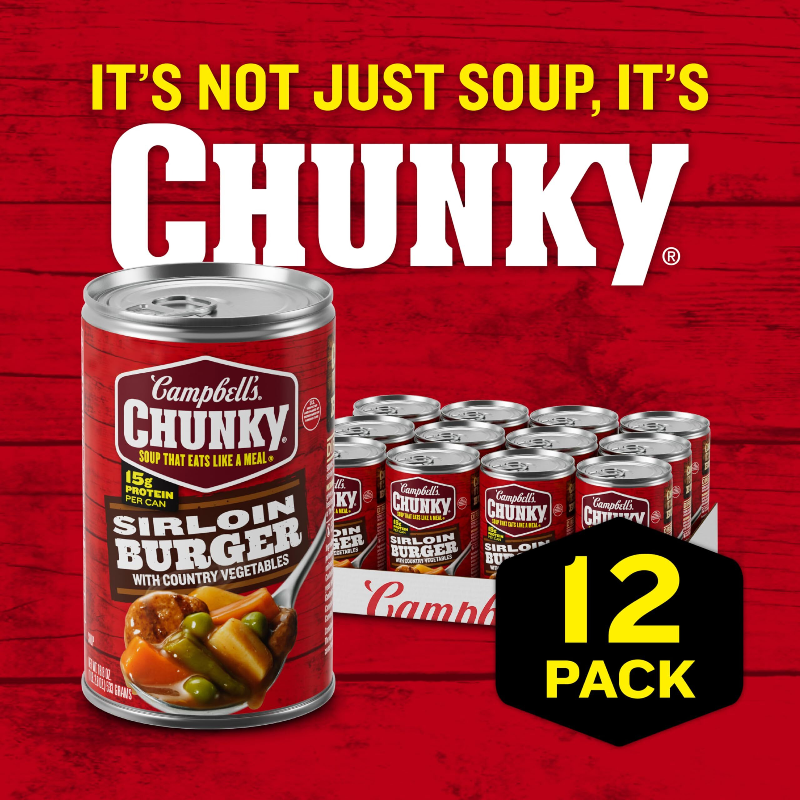 Campbells Chunky Soup, Sirloin Burger With Country Vegetable Beef Soup, 18.8 Oz Can (Case Of 12)