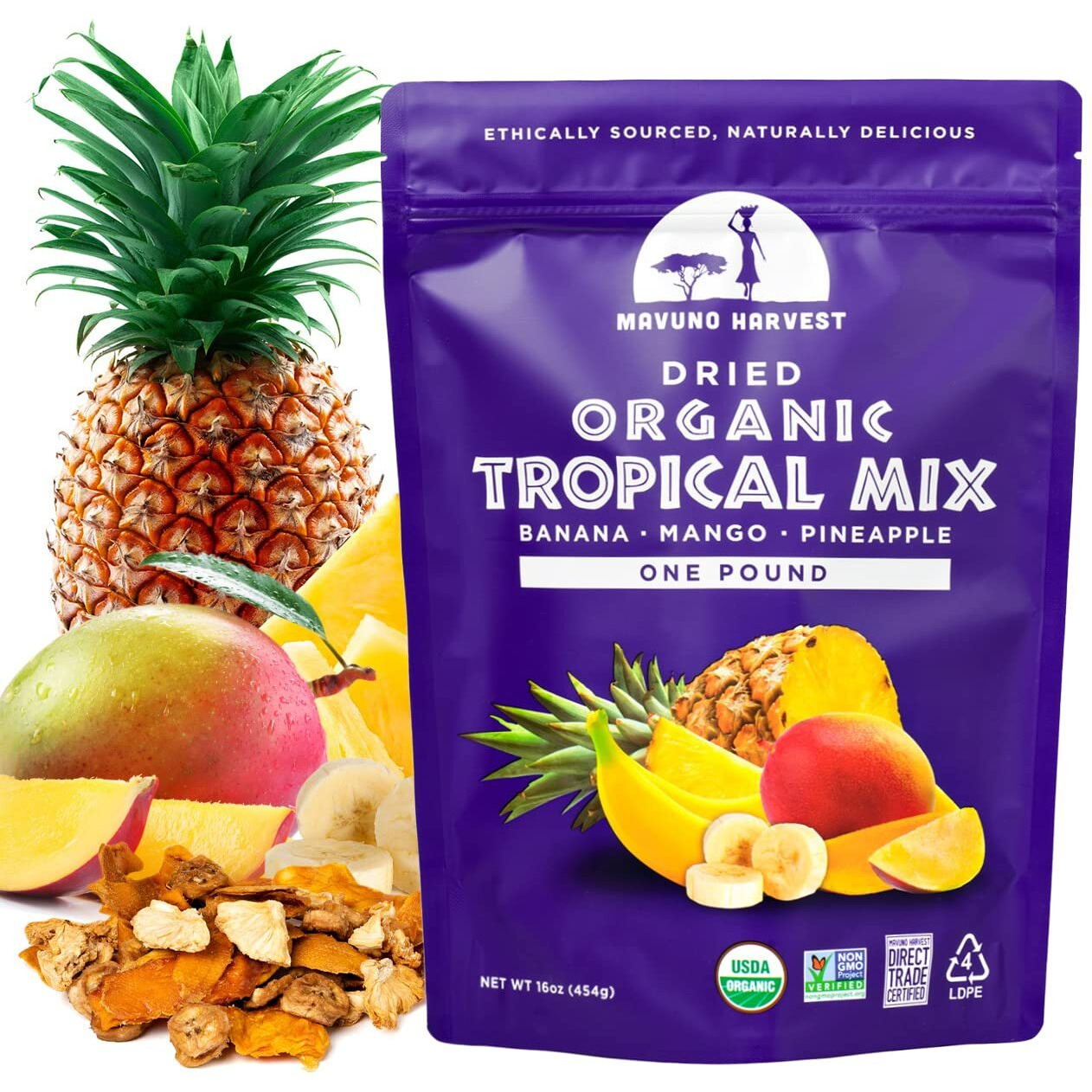 Mavuno Harvest Tropical Mix Dried Fruit Snack | Unsweetened Organic Mixed Dried Fruit | Gluten Free Healthy Snacks For Kids And Adults | No Sugar Added, Vegan, Non Gmo | 1 Pound Resealable Bag
