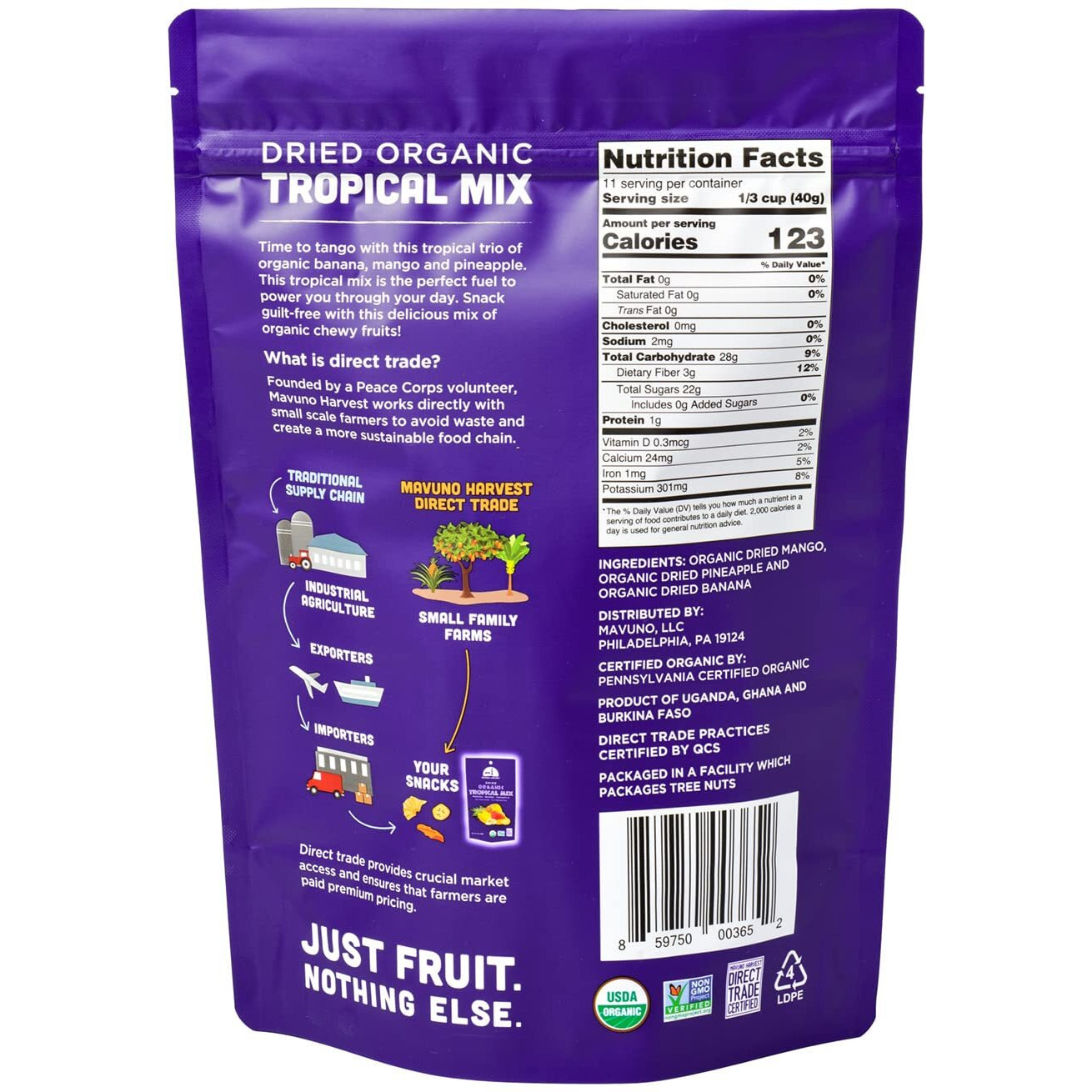 Mavuno Harvest Tropical Mix Dried Fruit Snack | Unsweetened Organic Mixed Dried Fruit | Gluten Free Healthy Snacks For Kids And Adults | No Sugar Added, Vegan, Non Gmo | 1 Pound Resealable Bag