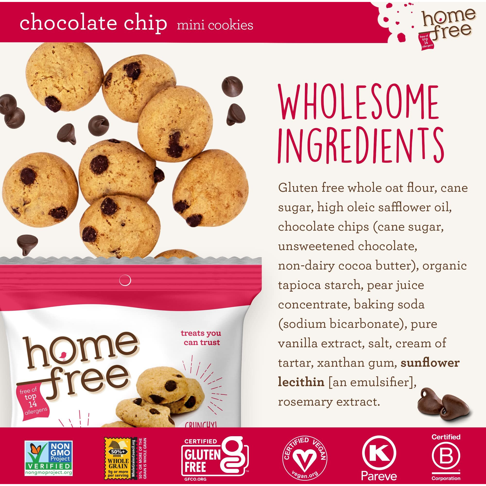Homefree Mini Chocolate Chip Cookies, Gluten Free, Nut Free, Vegan, Individually Wrapped Packs, School Safe And Allergy Friendly Snack, 1.1 Oz. (Pack Of 10)