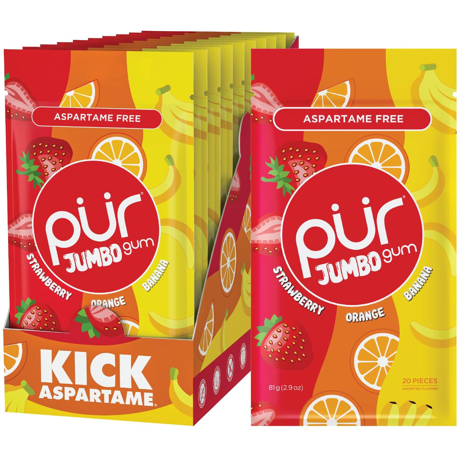 Pur Jumbo Gum | Aspartame Free Chewing Gum | 100% Xylitol | Natural Strawberry, Banana, Orange Flavor, 20 Pieces (Pack Of 10)