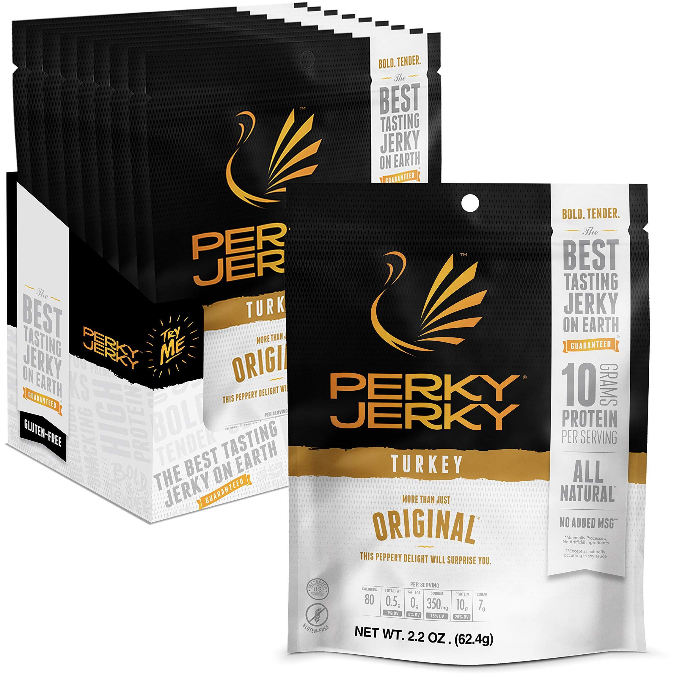 Perky Jerky Original Turkey Jerky, Low Sodium - 10G Protein Per Serving - Low Fat - 100% U.S. Sourced - Tender Texture And Bold Flavor, 2.2 Ounce (Pack Of 12)