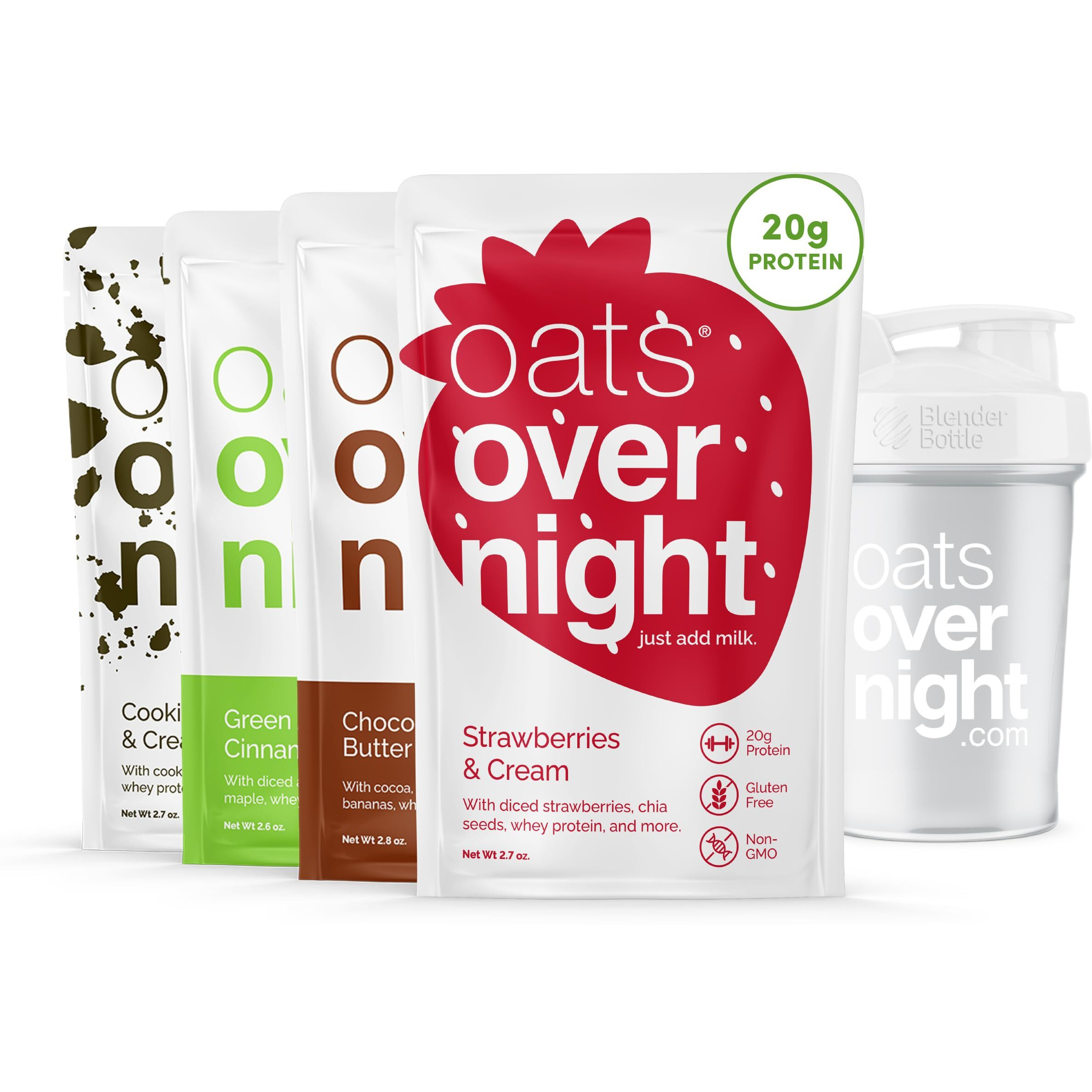 Oats Overnight Classic Variety Pack - High Protein, High Fiber Breakfast Protein Shake - Gluten Free Oatmeal, Non Gmo Oatmeal - Green Apple Cinnamon, Cookies & Cream & More (8 Pack + Blenderbottle)