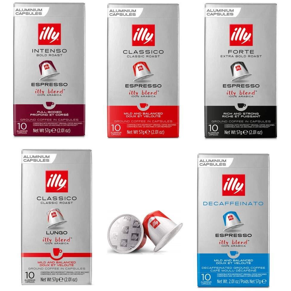 Illy Espresso - Nespresso Compatible Coffee Capsules. All 5 Blends Variety Pack Intenso, Classico, Forte, Lungo, Decaf
