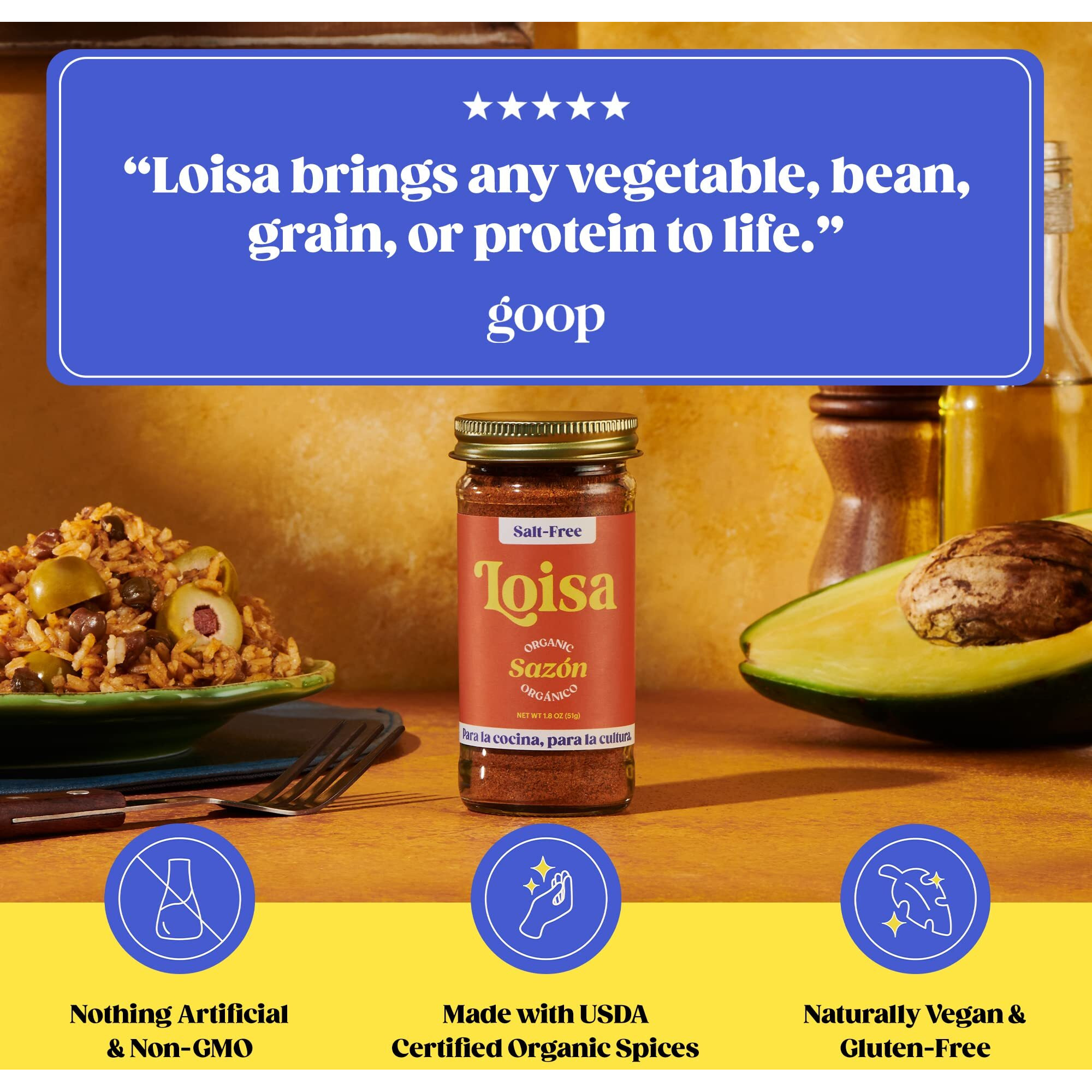 Loisa Salt-Free Saz  N Seasoning, Usda Organic, Non-Gmo, No-Msg, No Preservatives, No Artificial Coloring, No Artificial Flavors, Pure Latin Flavor, 1.8 Oz, Pack Of 1