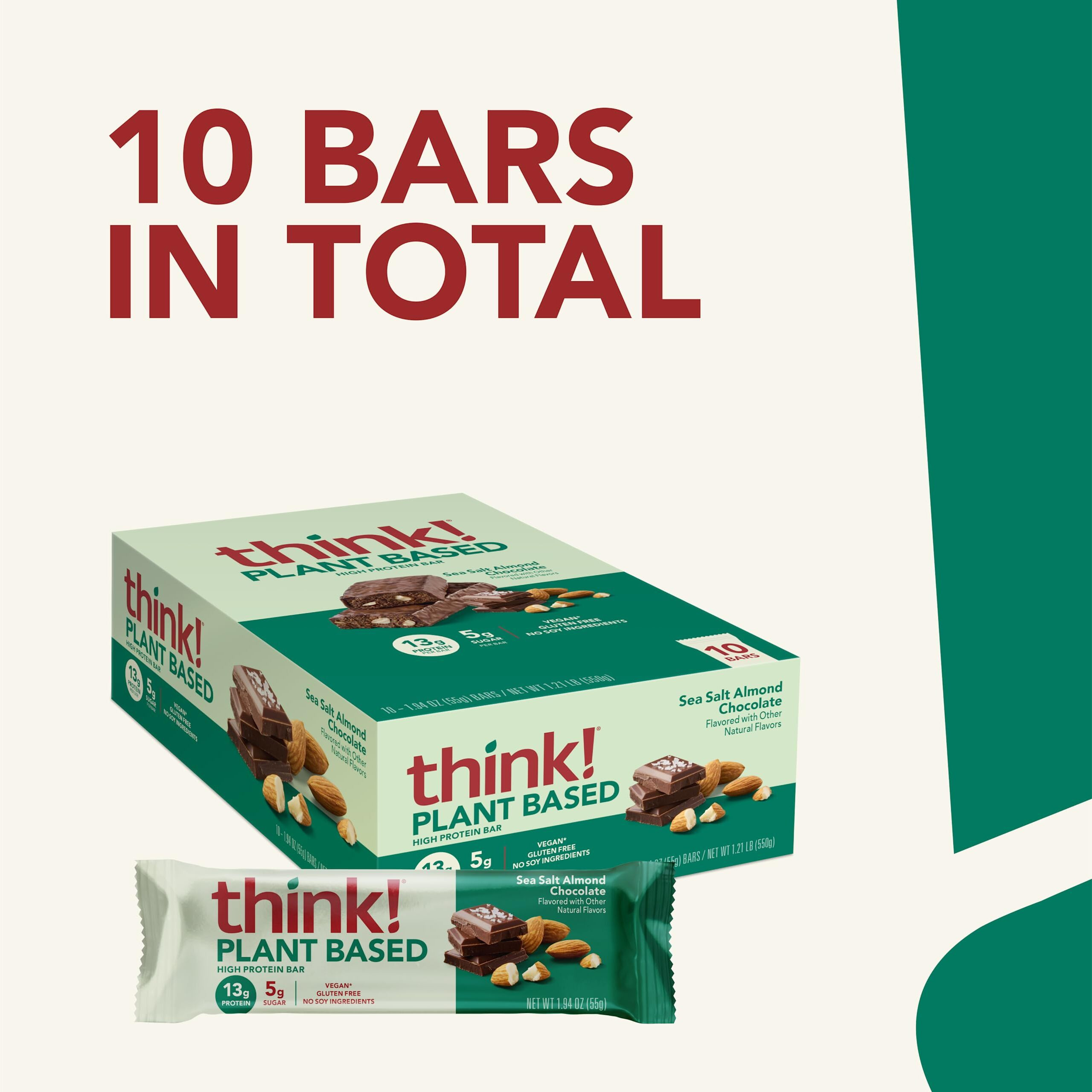 Think Vegan/Plant Based High Protein Bars - Sea Salt Almond Chocolate, 13G Protein, 5G Sugar, No Artificial Sweeteners, Non Gmo Project Verified, 10 Count (Packaging May Vary)